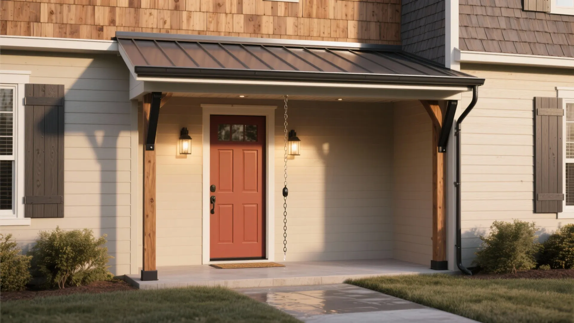 Red front door with metal roof canopy, wooden posts, two wall lights, and beige siding