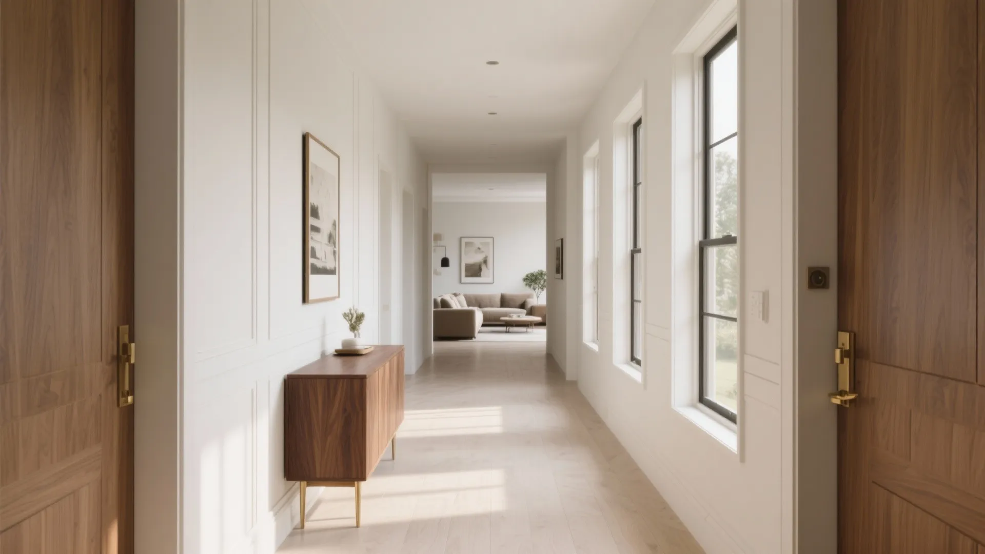 Bright white hallway with wooden cabinet white wall panel large windows and view of living room