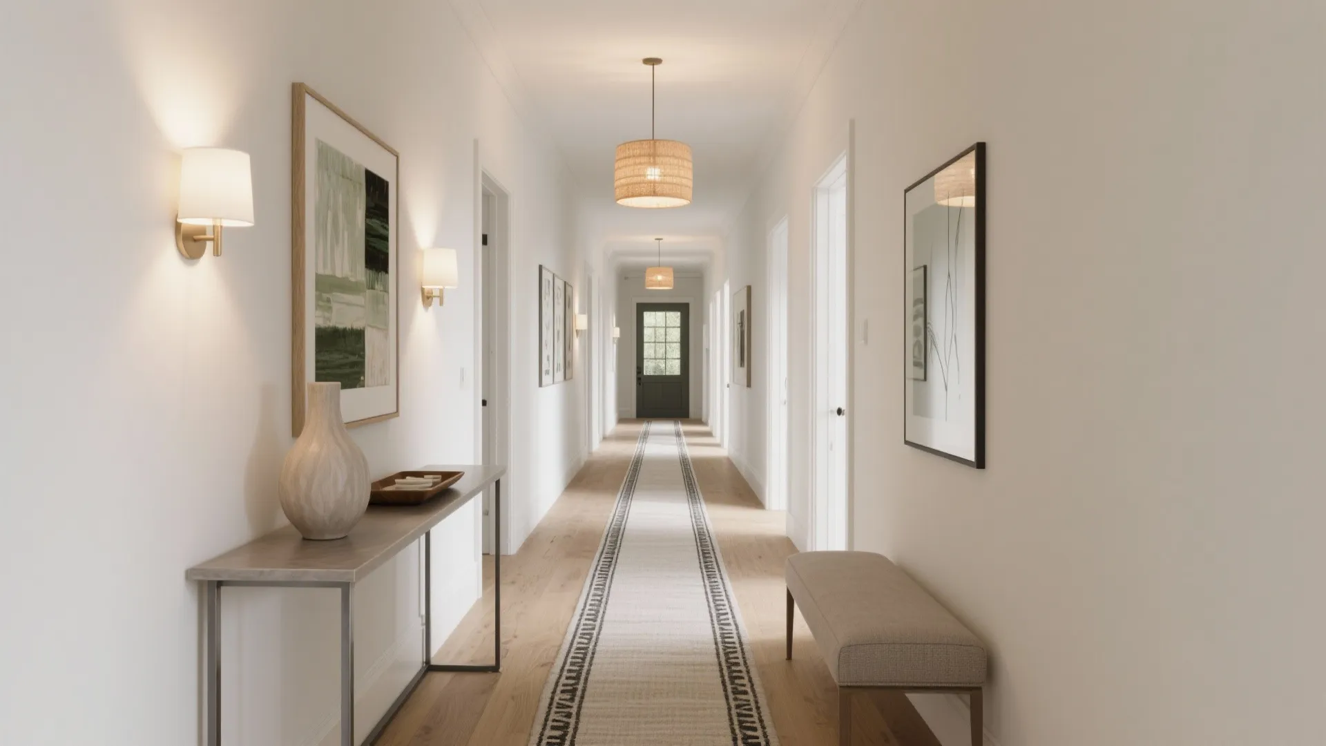 Long hallway featuring white walls wooden floor runner rug wall light ceiling light and wall art