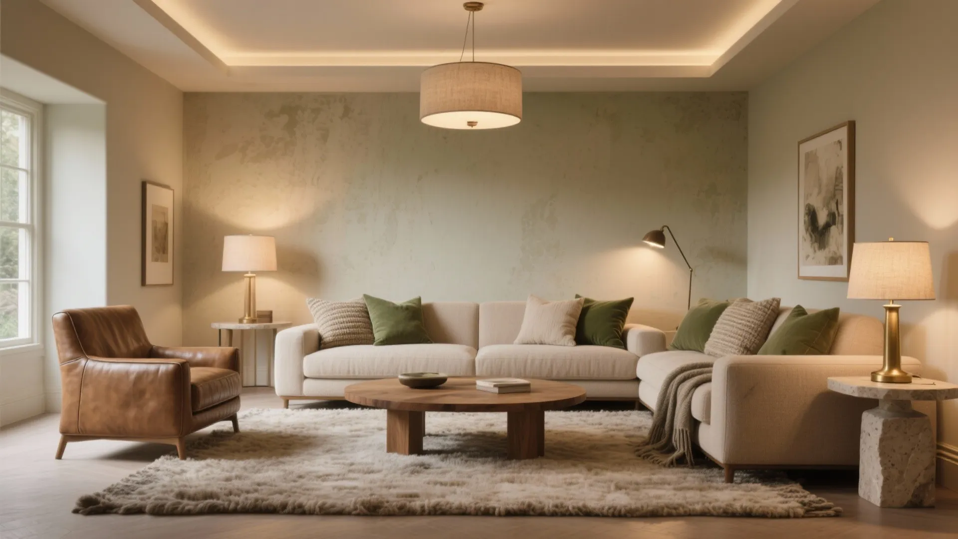 Warm living room with beige sofa green pillows round wooden coffee table and ceiling light