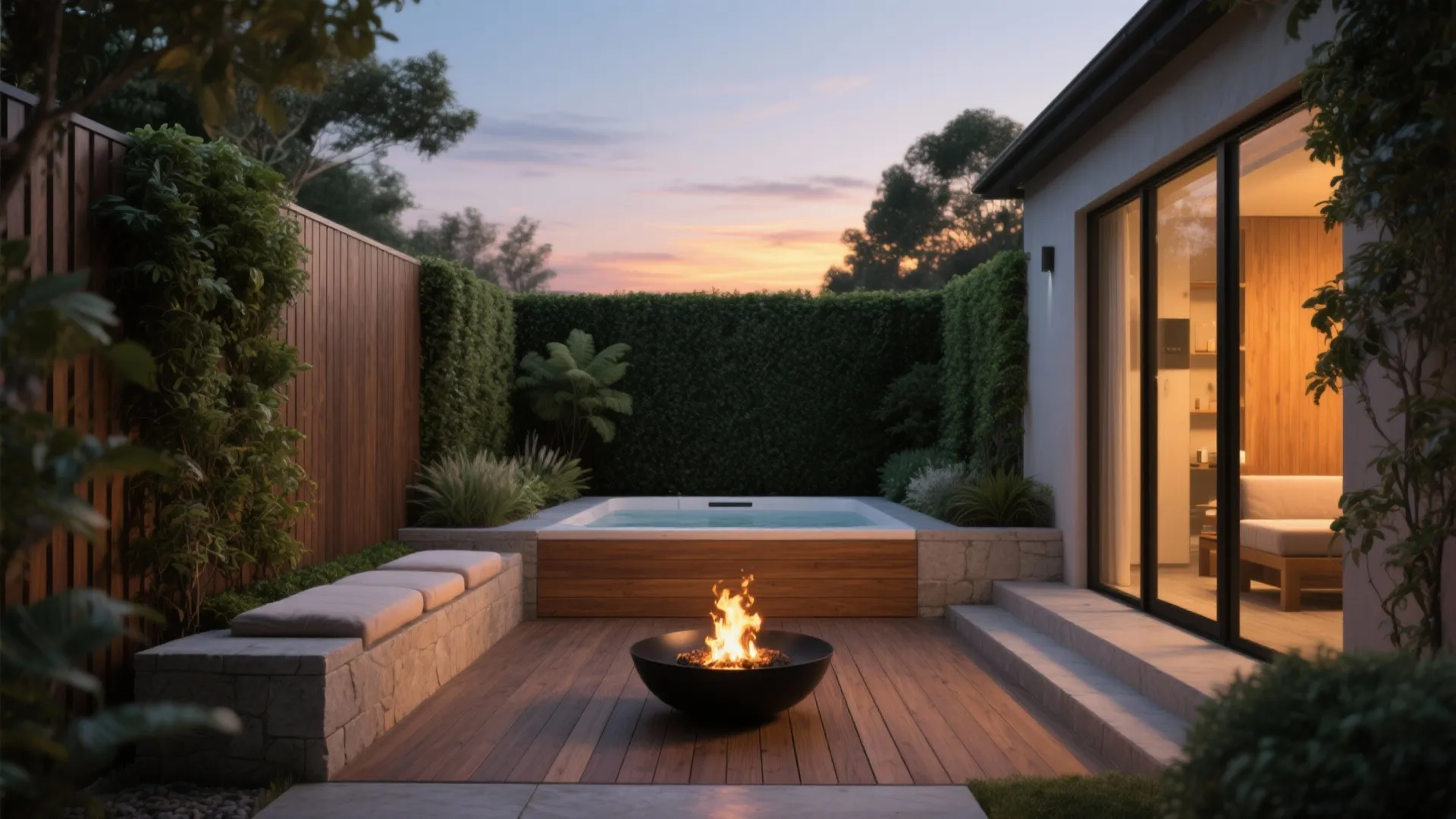 Private wellness courtyard with spa and fire