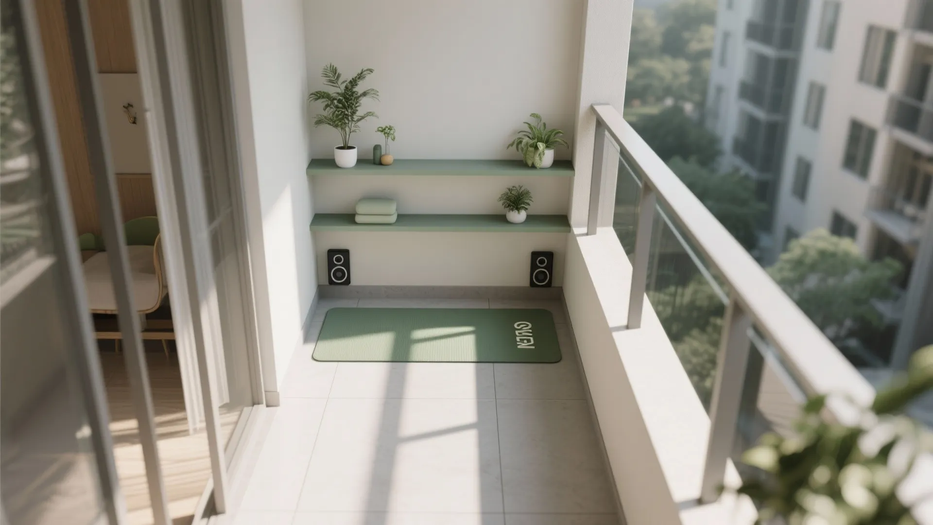 Modern balcony fitness area with yoga mat green wall shelves potted plants speakers and glass railing