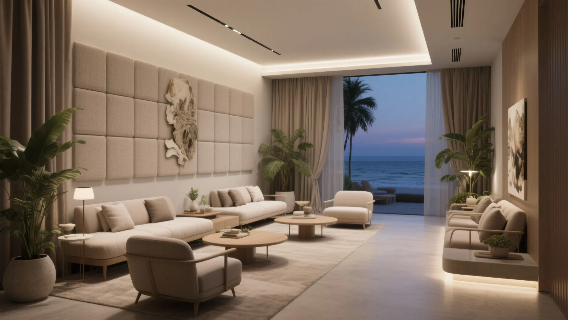 Luxury beach resort lounge with beige sofas wooden tables wall panels and view of ocean sunset