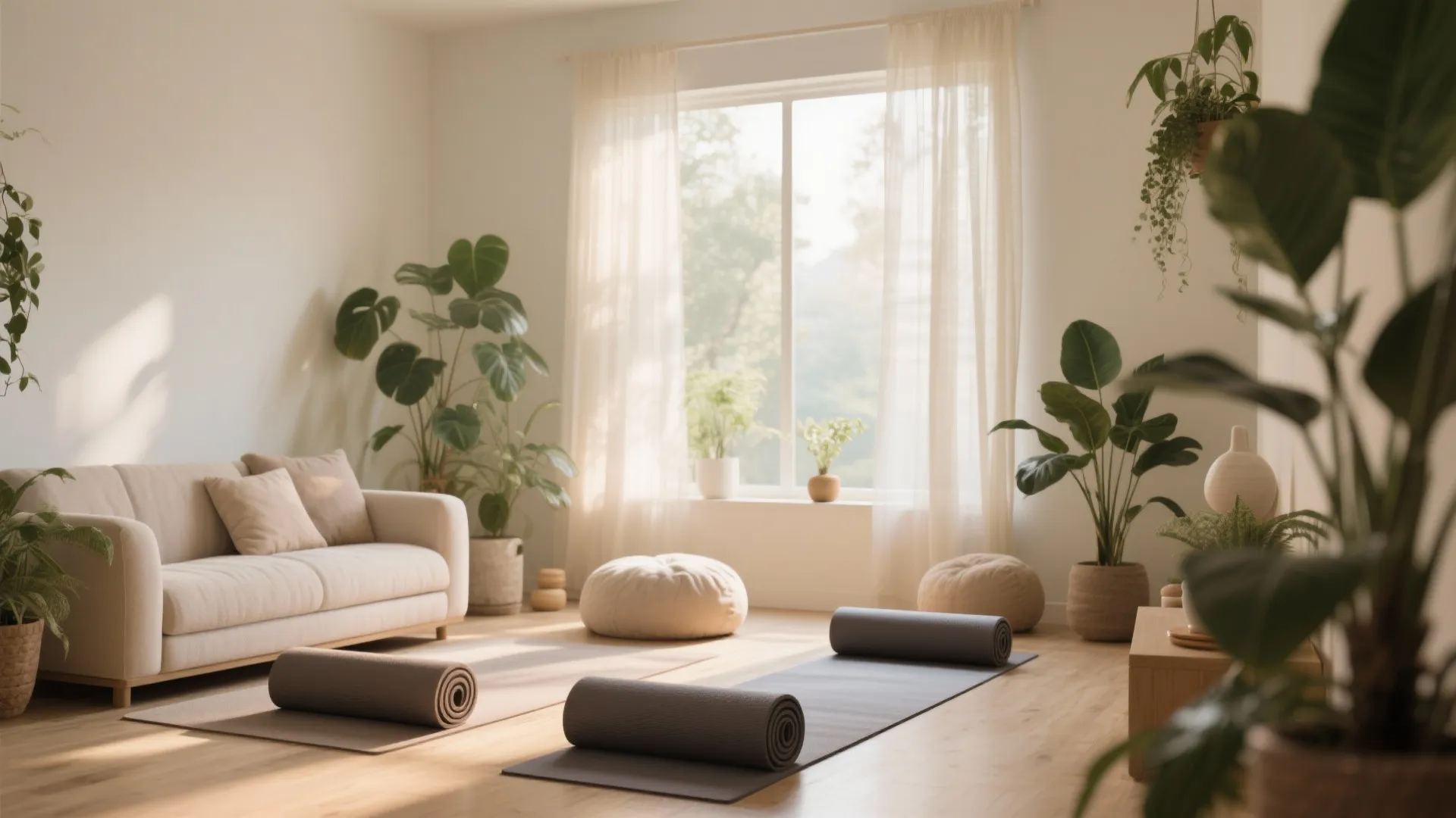 Meditation second living room with yoga mats and natural light