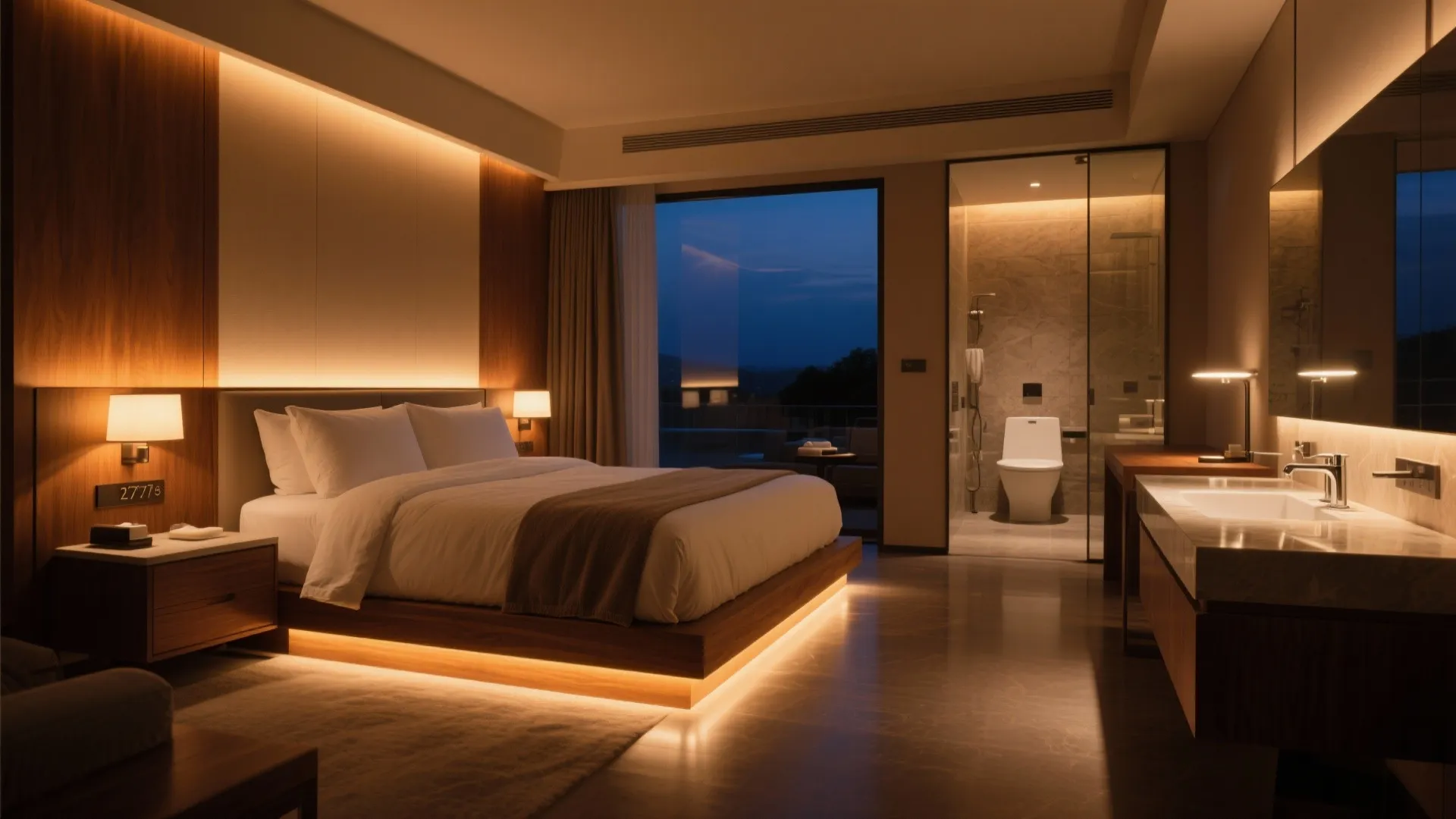 Modern hotel bedroom at night with warm lighting under bed and a view of bathroom