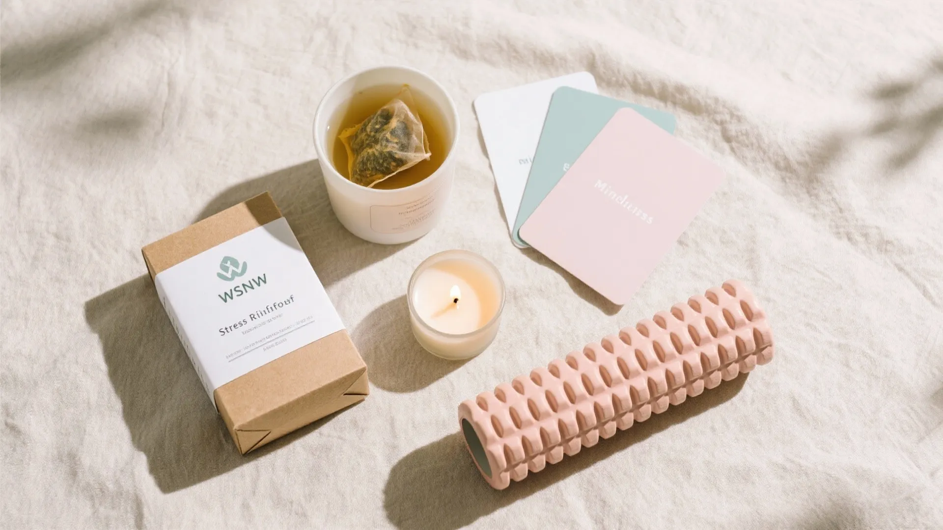 Wellness collection with herbal tea cup, candle, massage roller, and mindfulness cards on light fabric