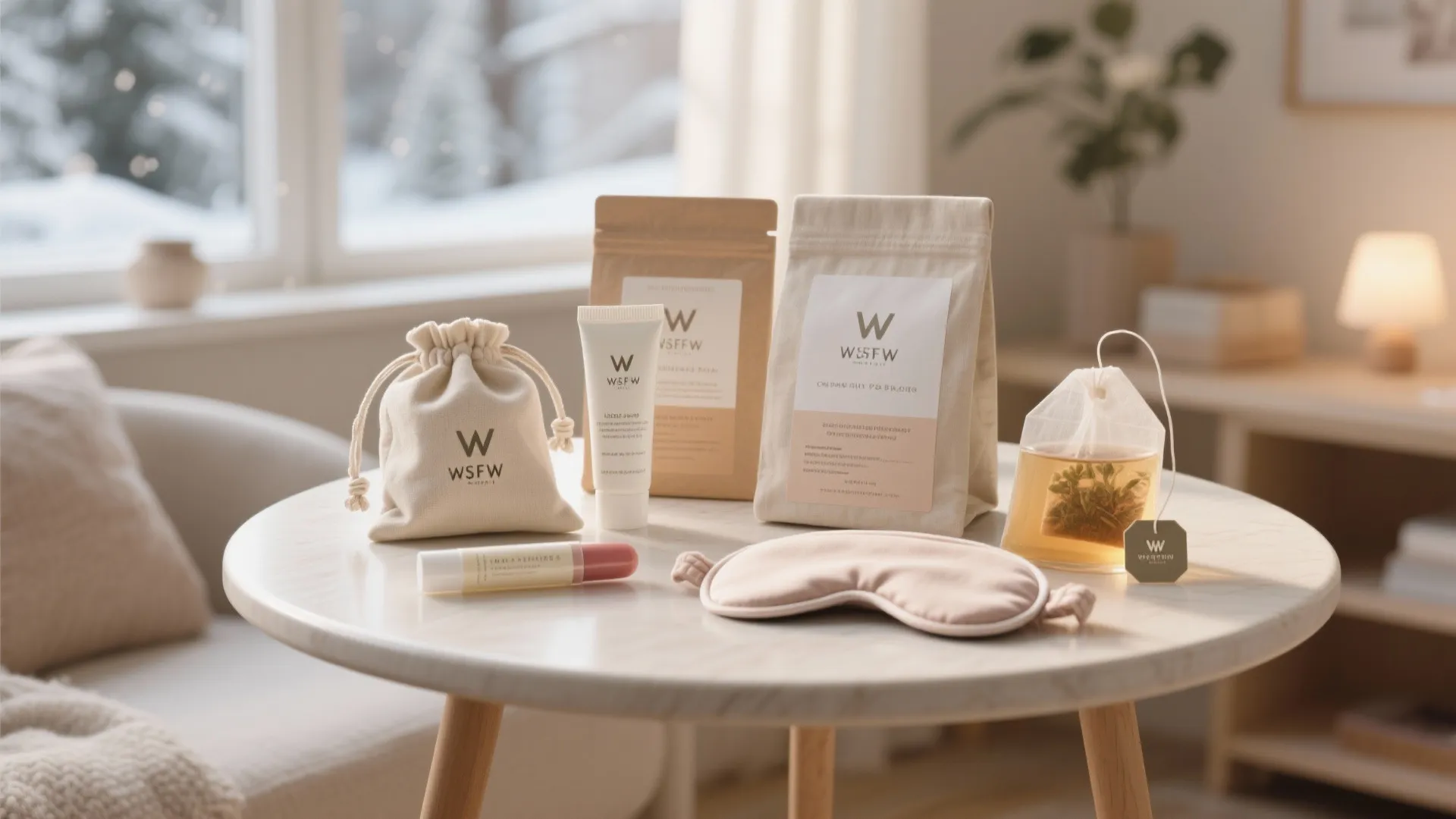 Wellness kit with eye mask, tea, cream, and pouches on a white table near window