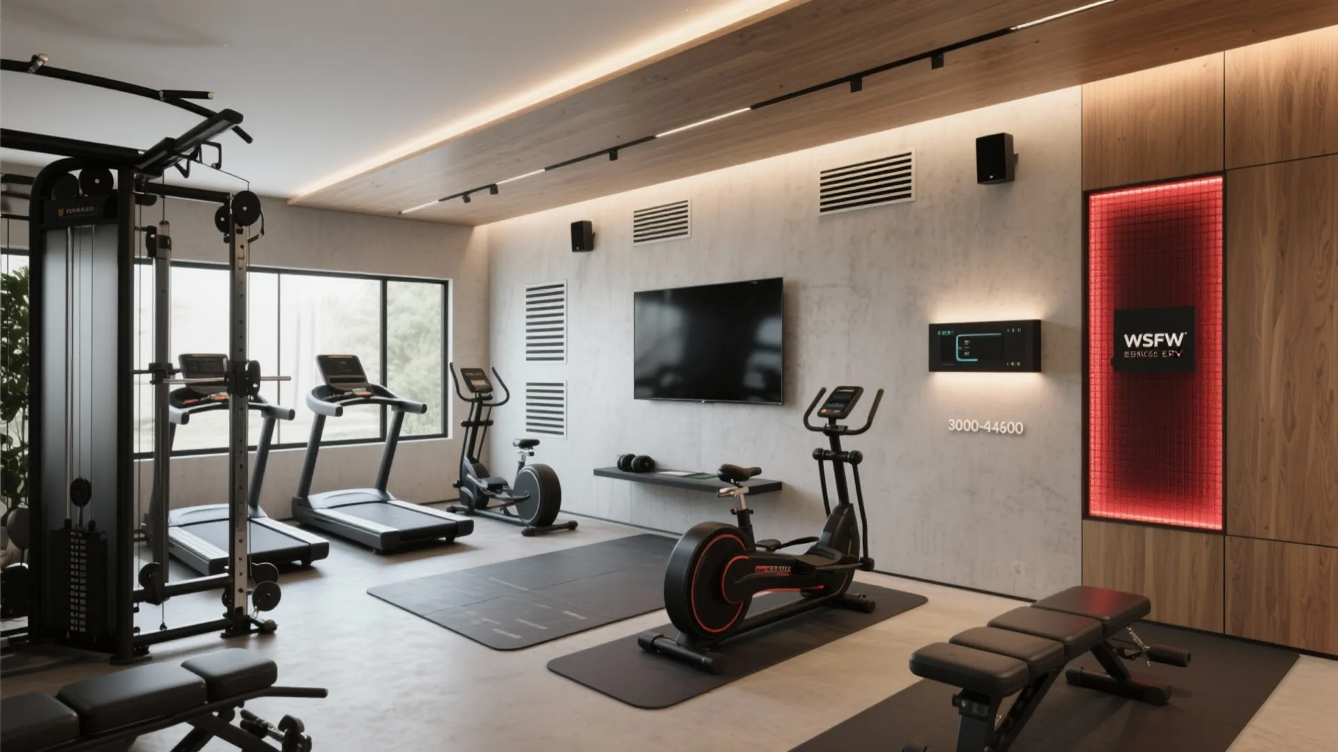 Modern home gym interior with treadmills exercise bikes wall television wooden ceiling and bright lights