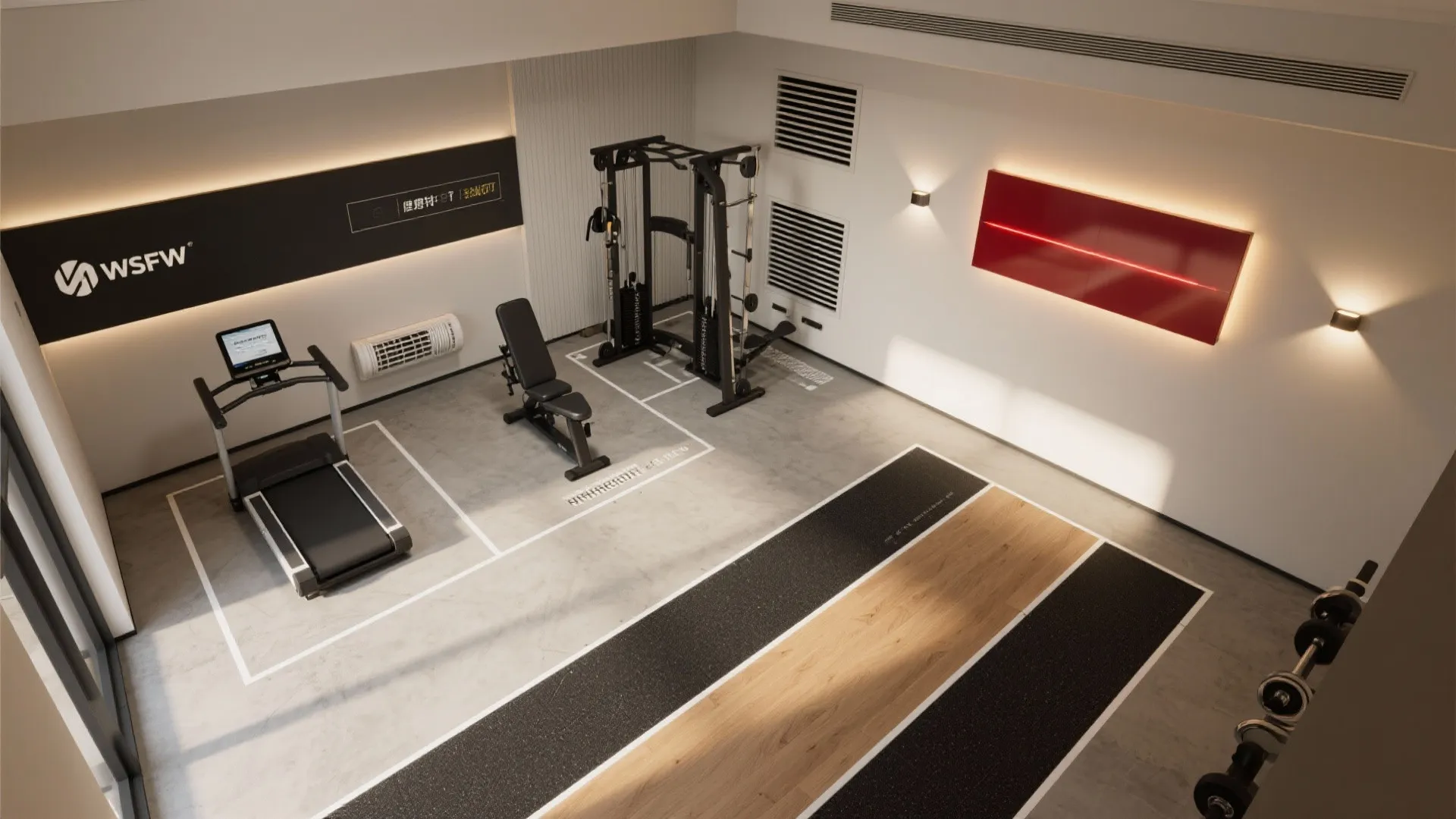 Modern home gym with treadmill weight bench cable machine and red wall panel in bright space