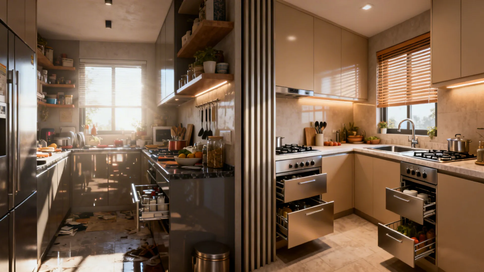 Before and after of a west-facing kitchen showing glare control, zoning, and warm neutral finishes.