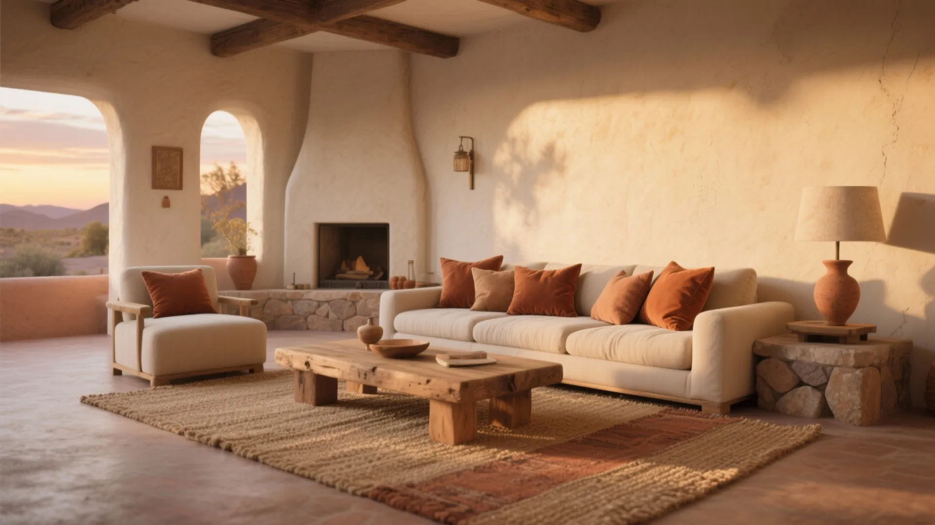 Warm desert living room with white sofa and wooden table plus a fireplace and rug