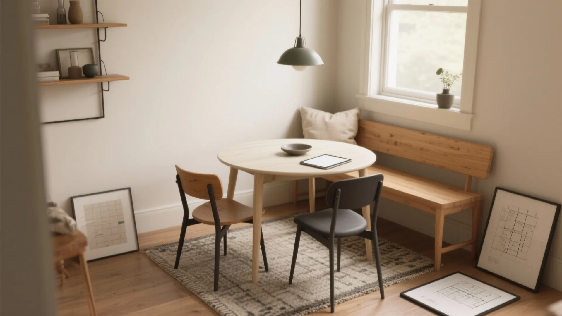 Small dining area with round wooden table bench chairs rug ceiling light and framed floor plans