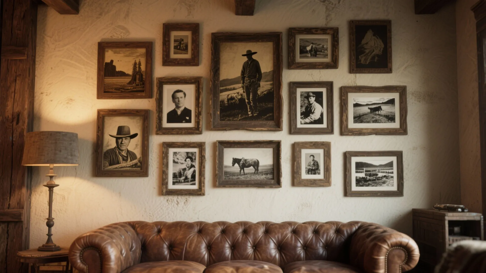Wall with Western artwork and vintage photographs in rustic frames
