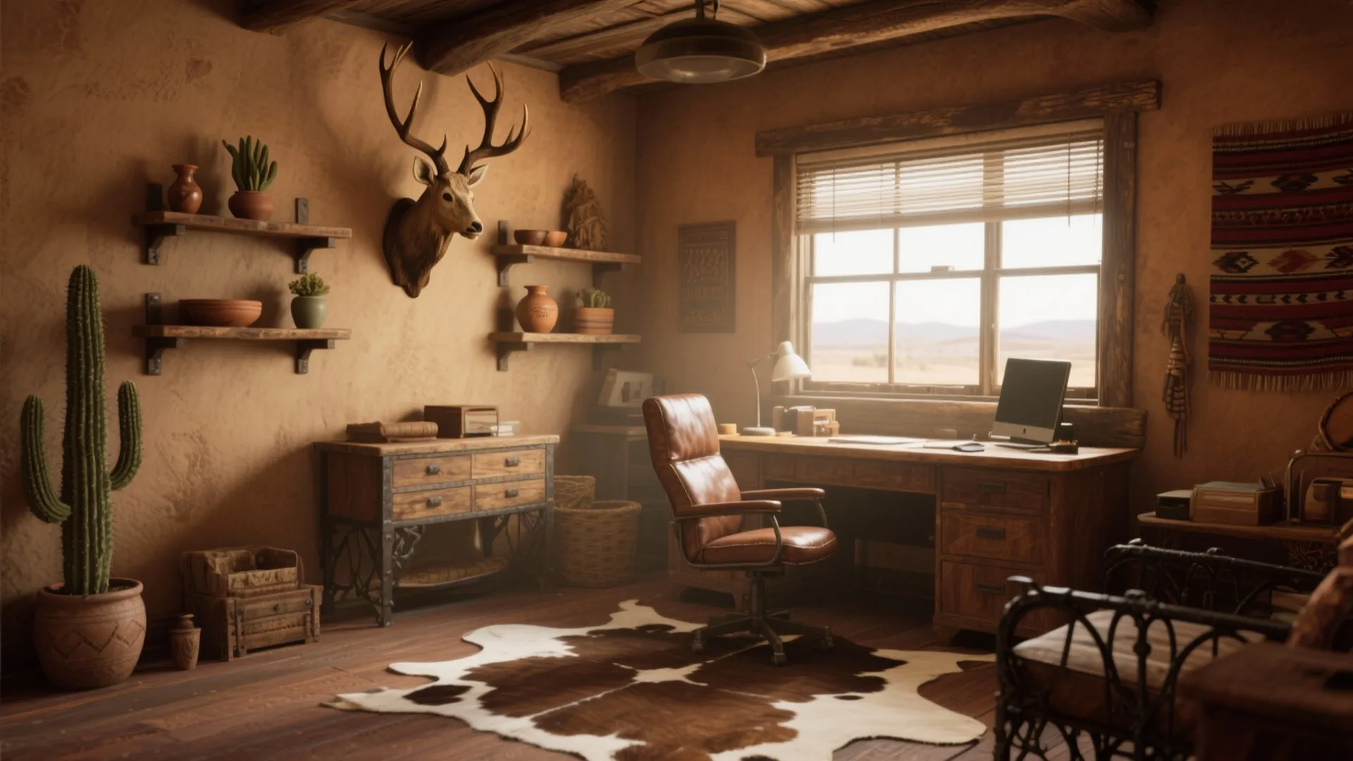 Western style home office with brown leather chair wood desk cactus plants and animal skin rug