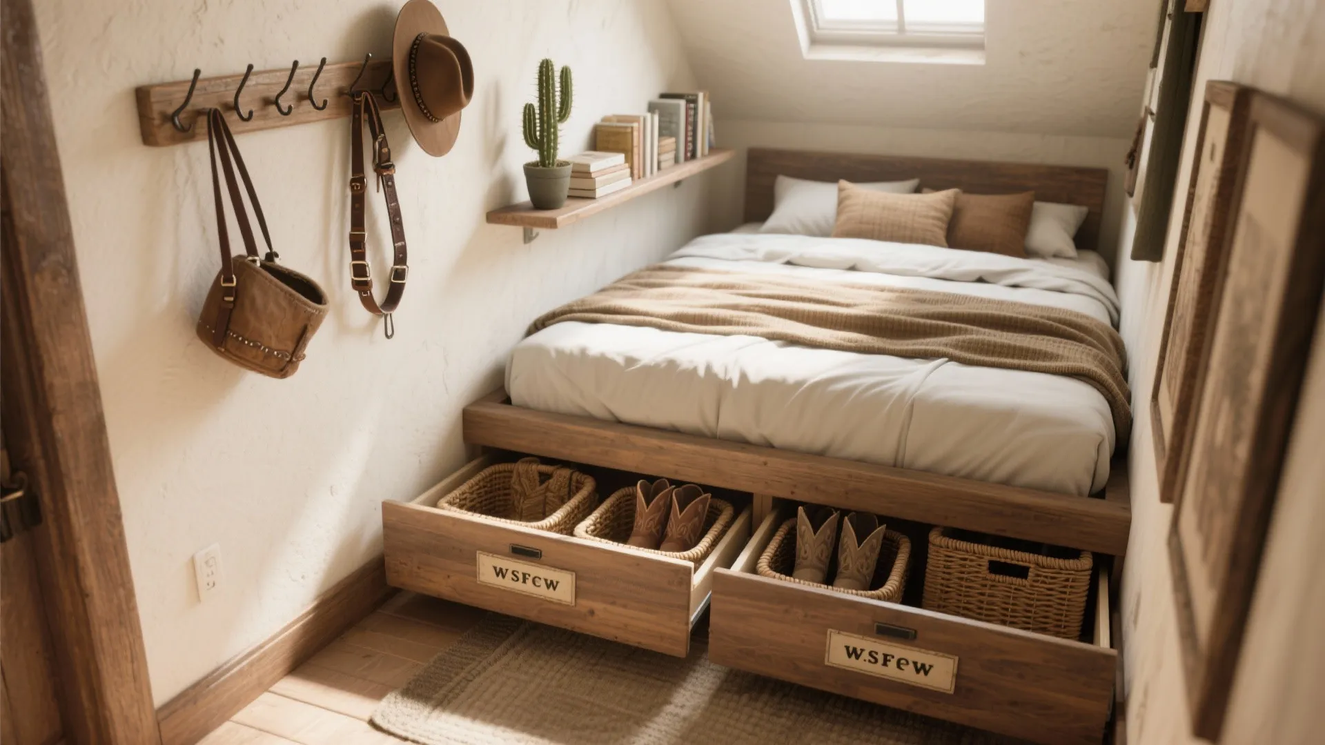 Top-down layout of western-inspired storage: under-bed drawers with woven baskets, boot bins, and a peg rail with hats.