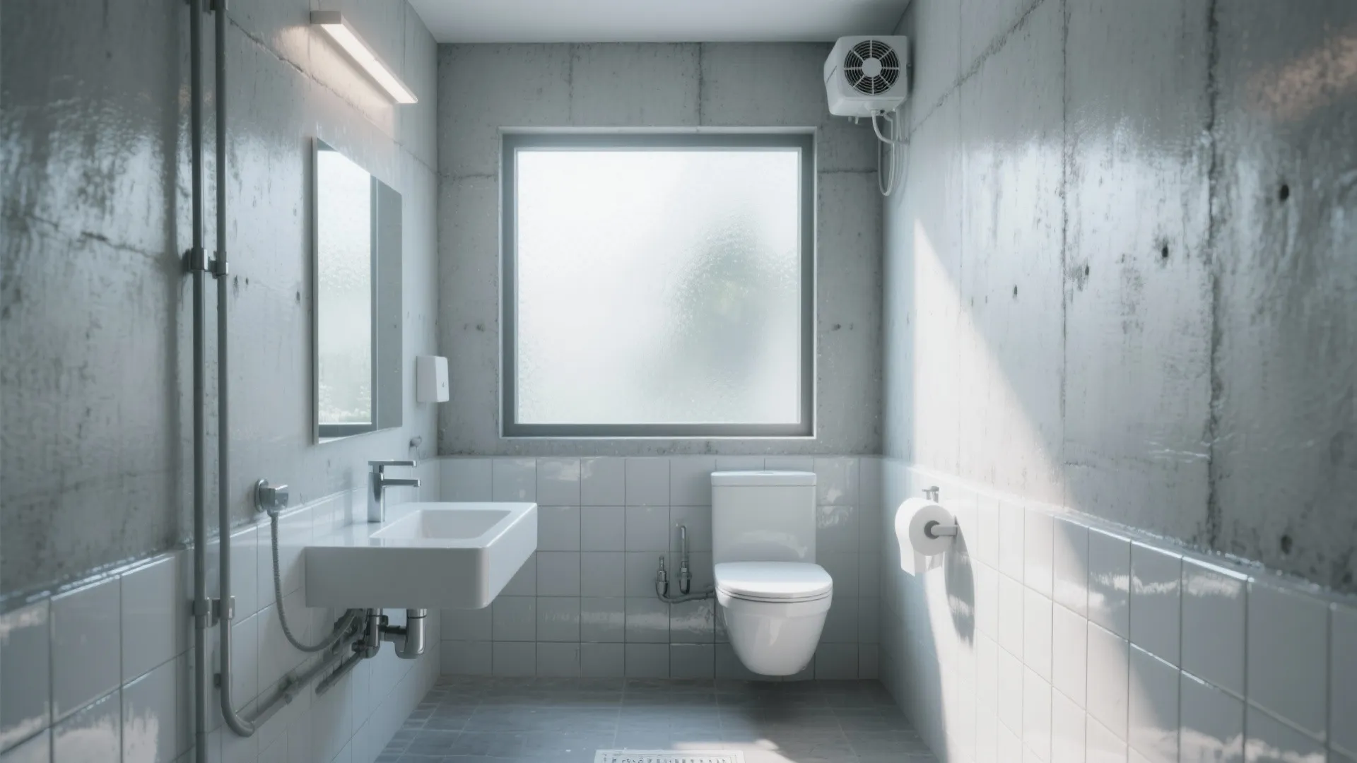 Modern bathroom with grey concrete walls white floor tiles small window sink and white toilet