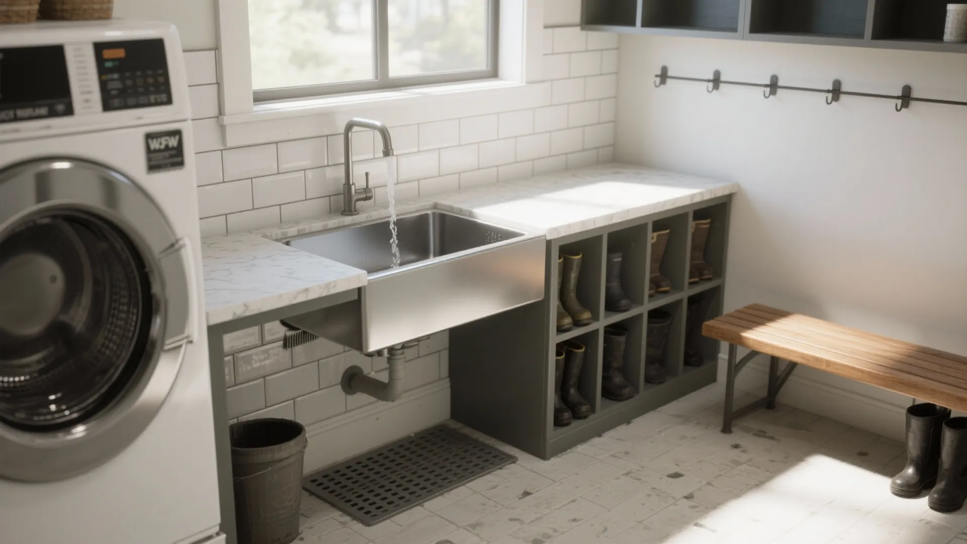 3. Wet Area with Utility Sink and Tile Backdrop