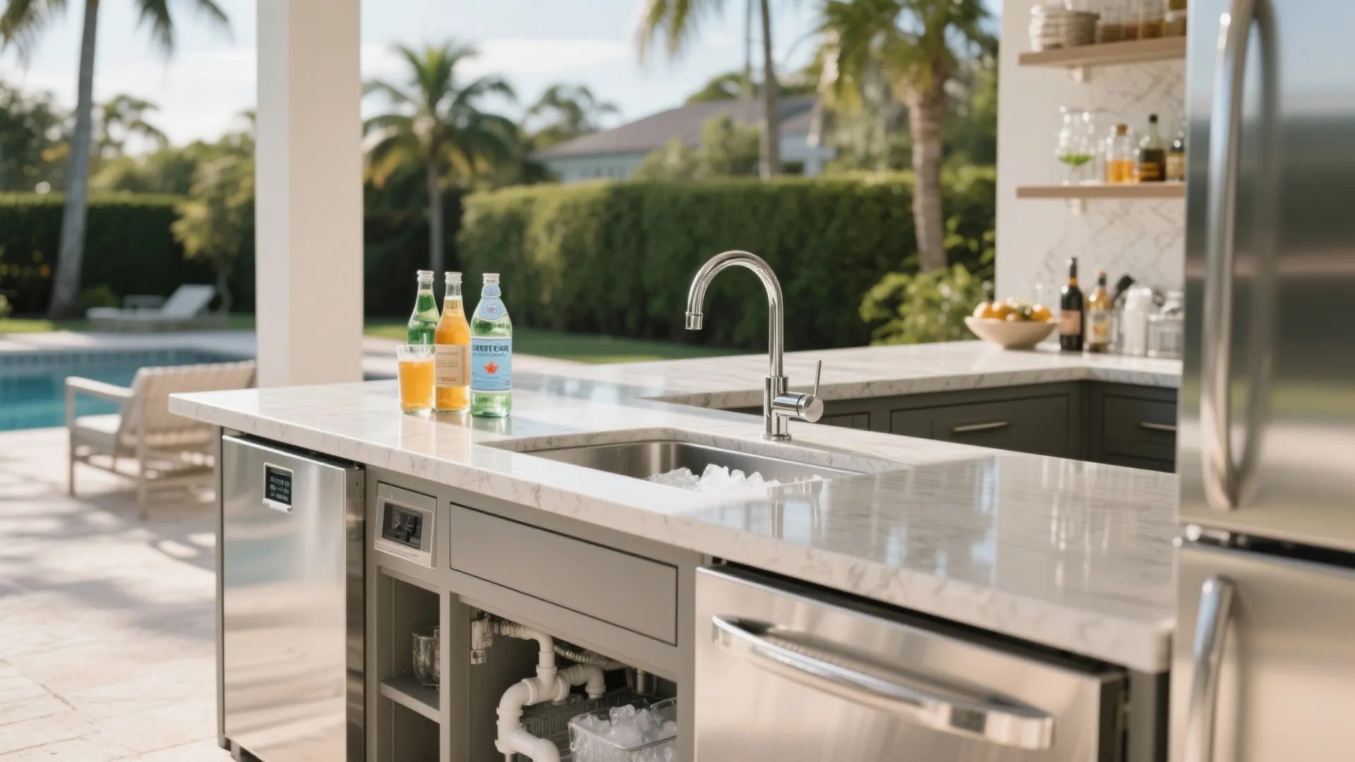 Outdoor wet bar with fridge, ice maker, sink and durable countertop under soft daylight
