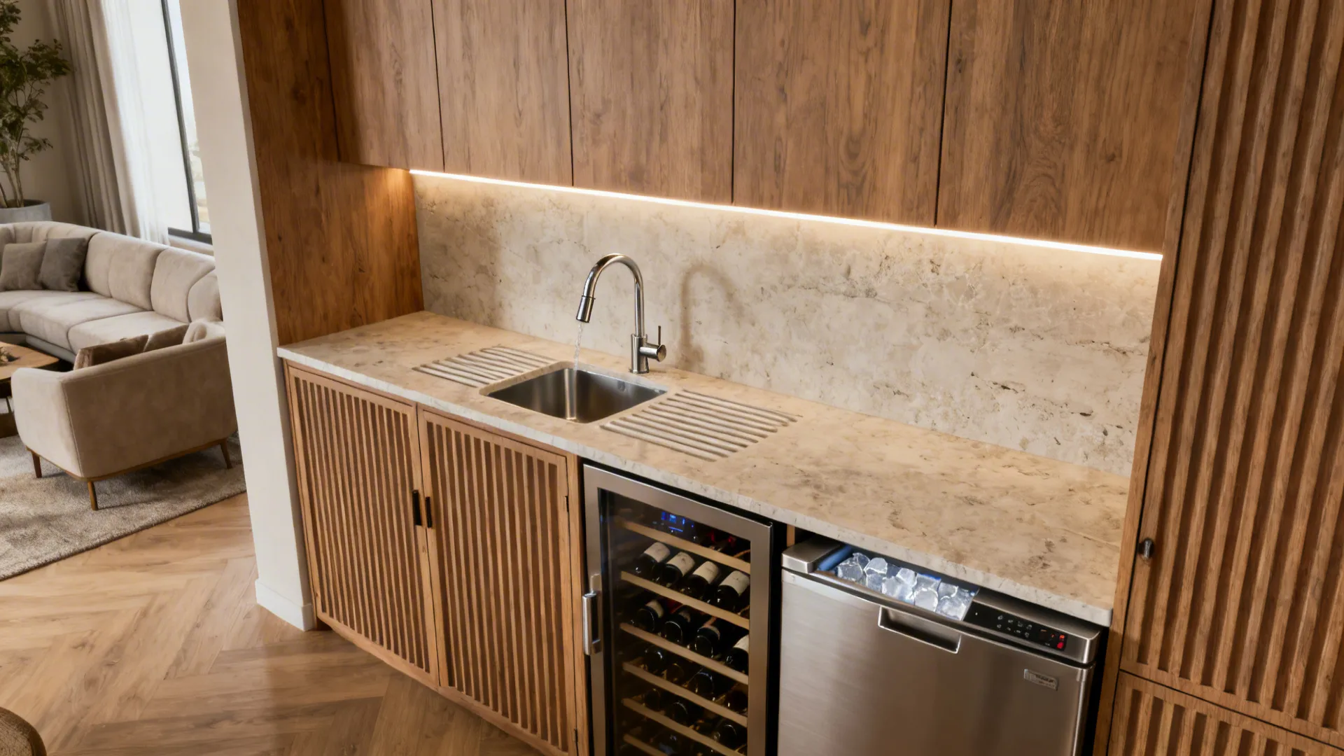 Integrated living-room wet bar with compact undermount basin, fluted wood, and stone top.