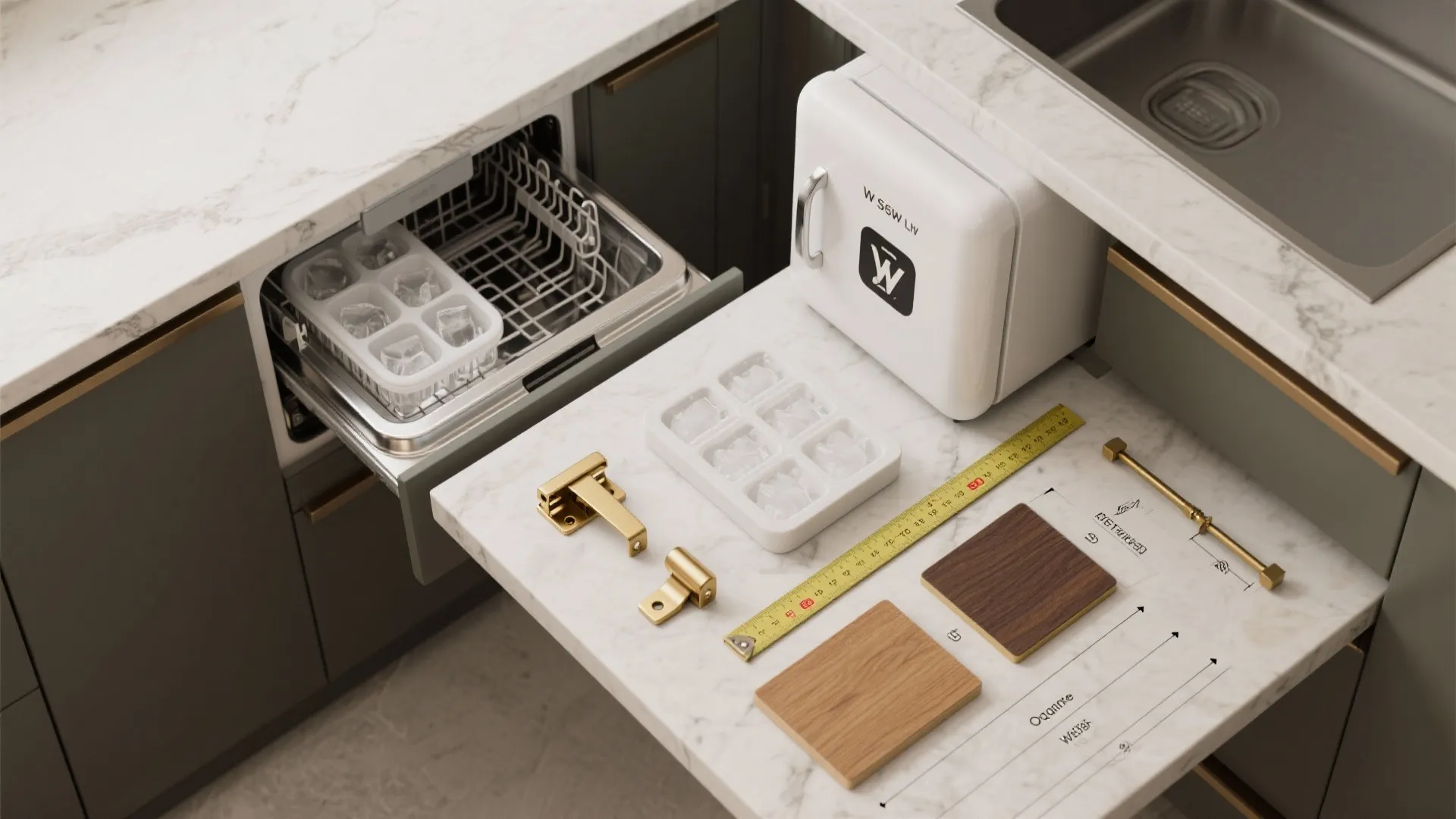 Modern kitchen island with marble countertop featuring ice trays gold hardware and a small refrigerator