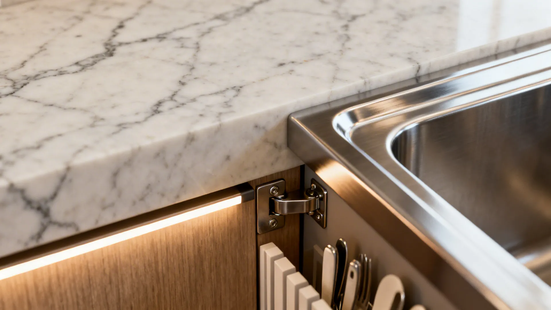 Close-up of quartz, stainless sink edge and hardware details for a wet bar