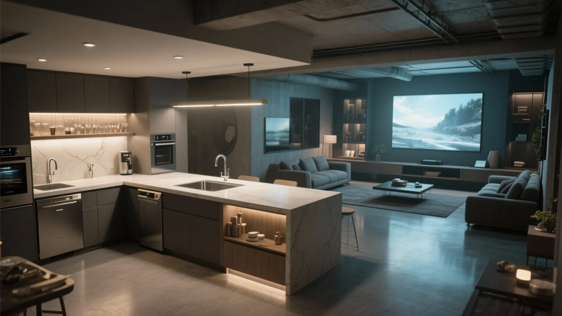 Wet bar adjacent to a media lounge, integrated appliances, and clean built-in storage.