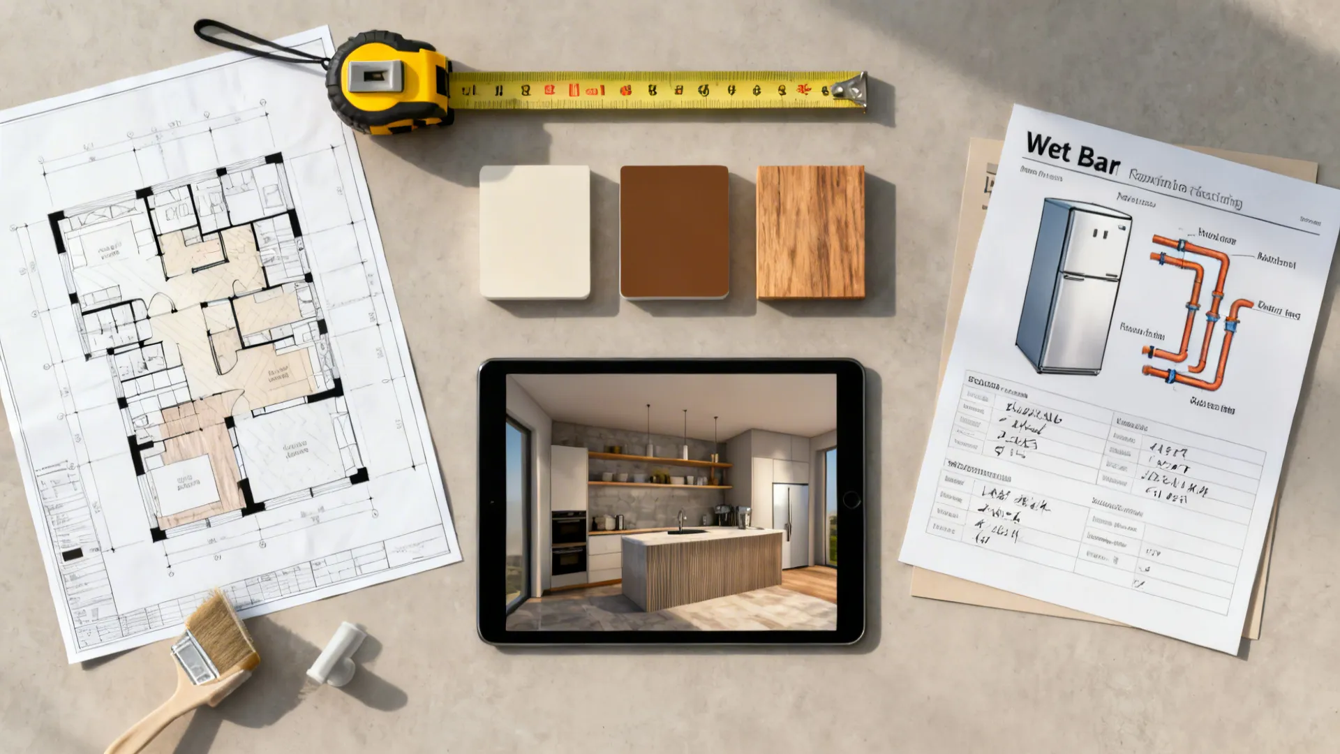 Top-down flatlay of wet bar planning materials, samples and a 3D mockup on tablet