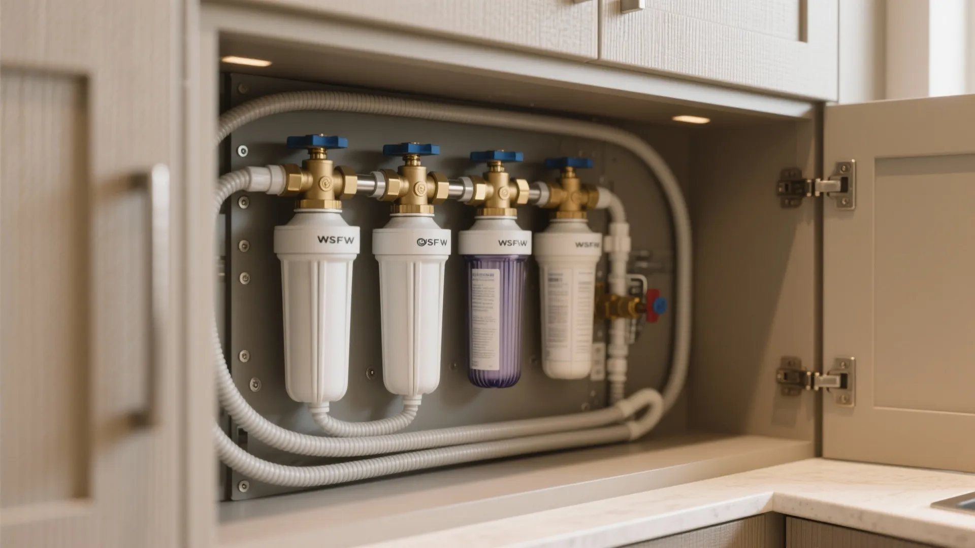 Four water filter cartridges with gold valves installed inside a wooden cabinet for home use