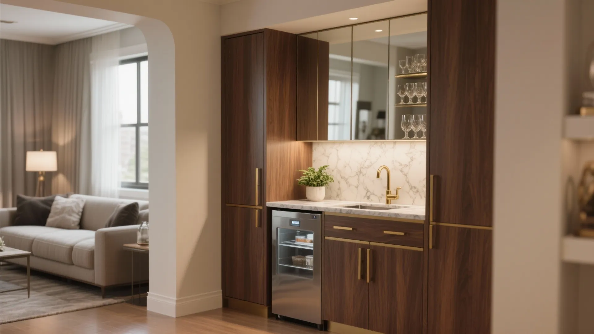 Small home bar area with wood cabinets marble backsplash gold faucet and built in wine cooler