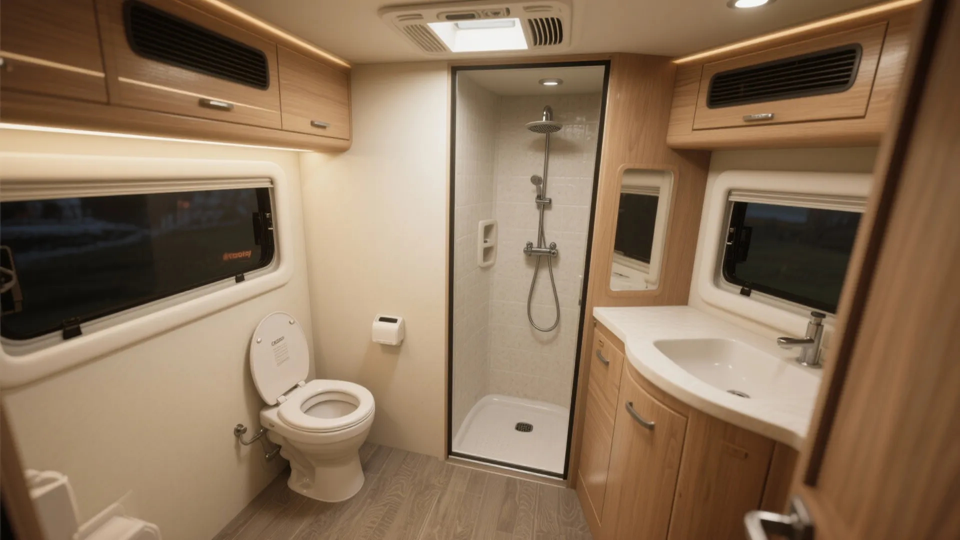 Compact motorhome bathroom interior with white toilet, wooden cabinets, small sink, and glass shower cabin