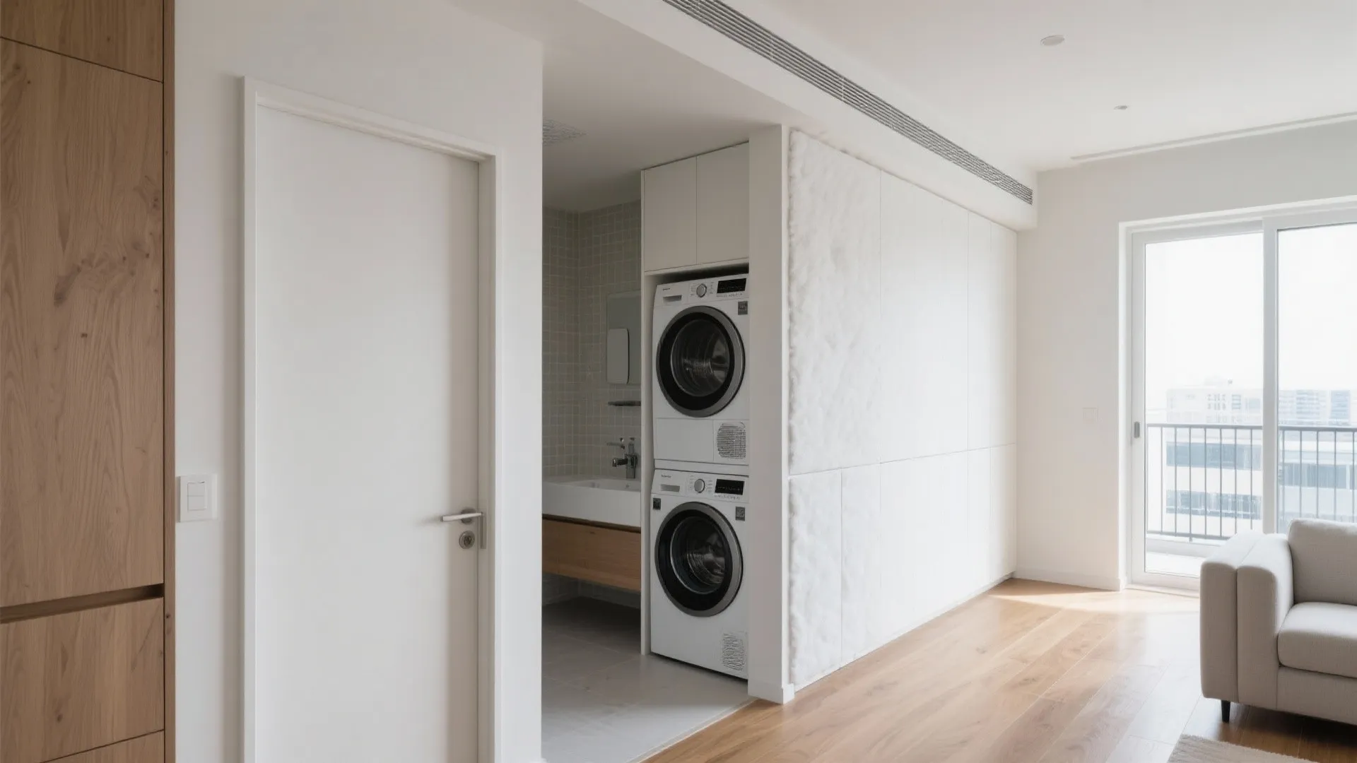 Close-up of acoustic bathroom wall and laundry niche adjacent to a bright living area.