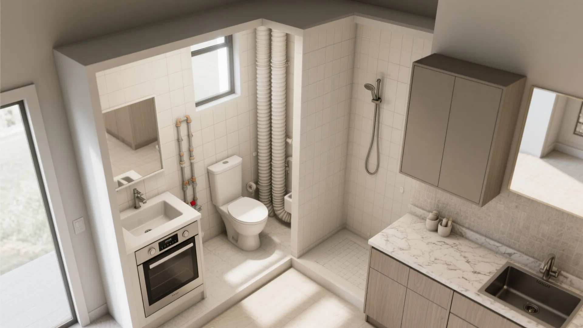 Modern small bathroom and kitchen layout with white wall tiles and wooden floor design drawing