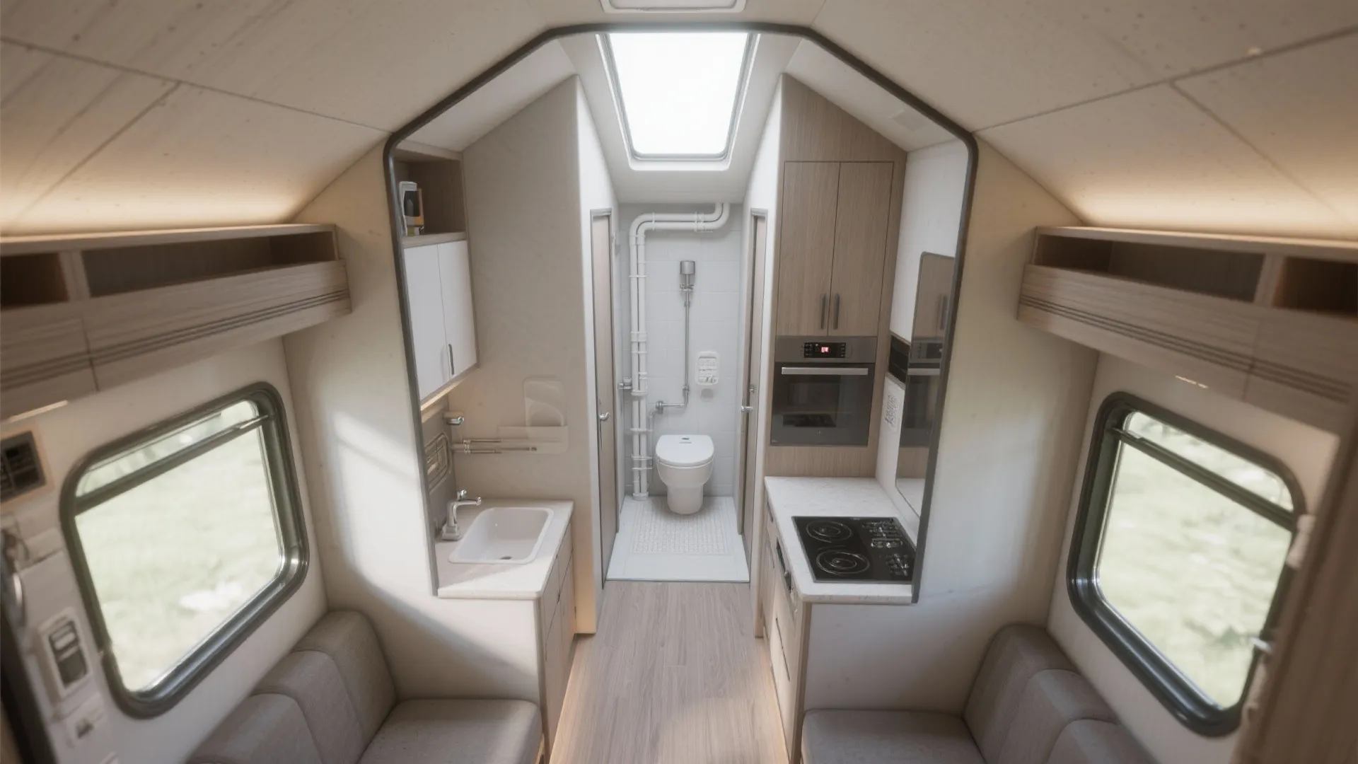 Top-down view of a cabin layout showing a centralized wet core with bathroom and kitchen stacked to minimize plumbing runs.