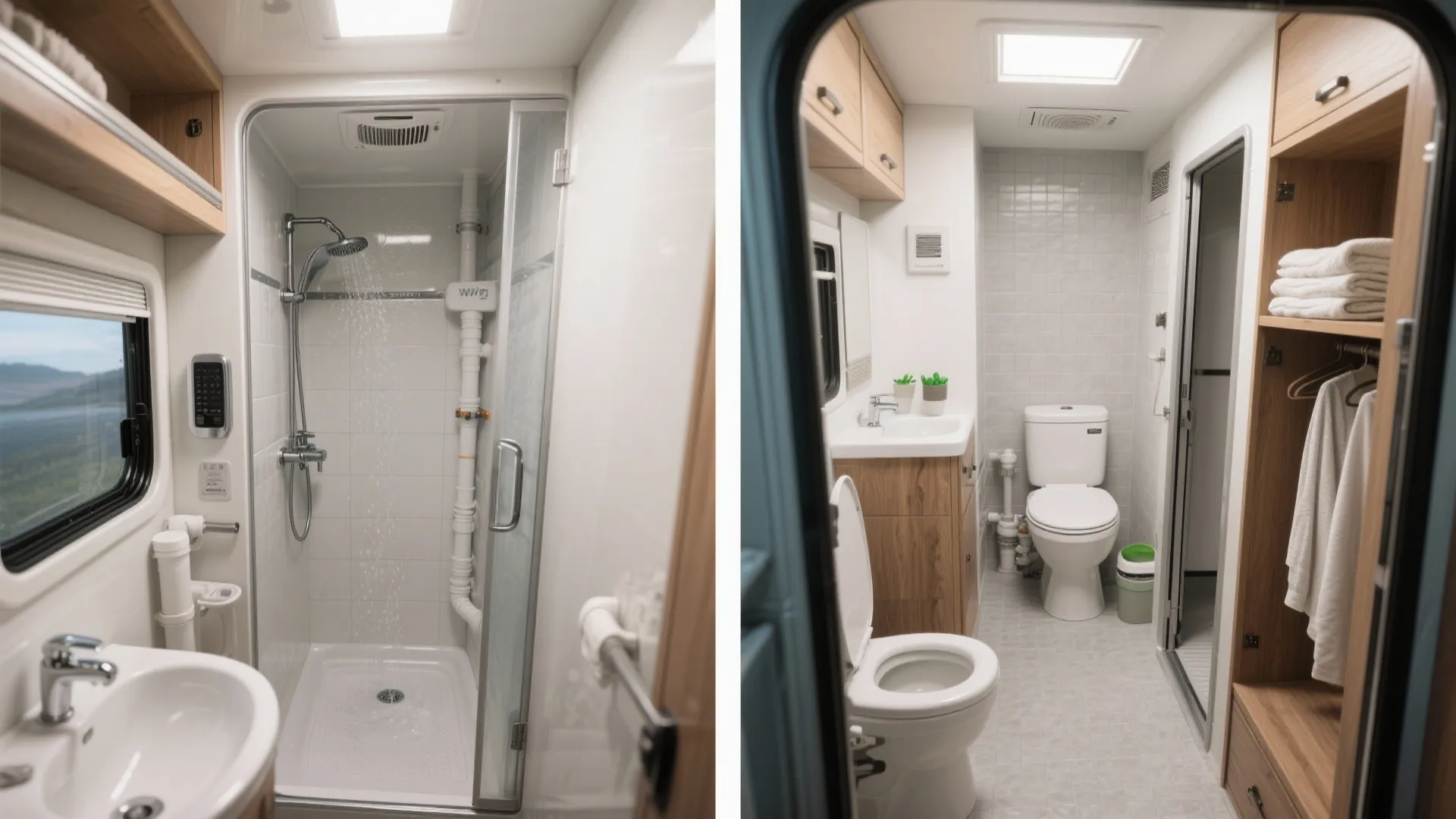 Before-and-after comparison of an RV bathroom converted from full wet bath to a split dry layout with separate shower and composting toilet compartment.