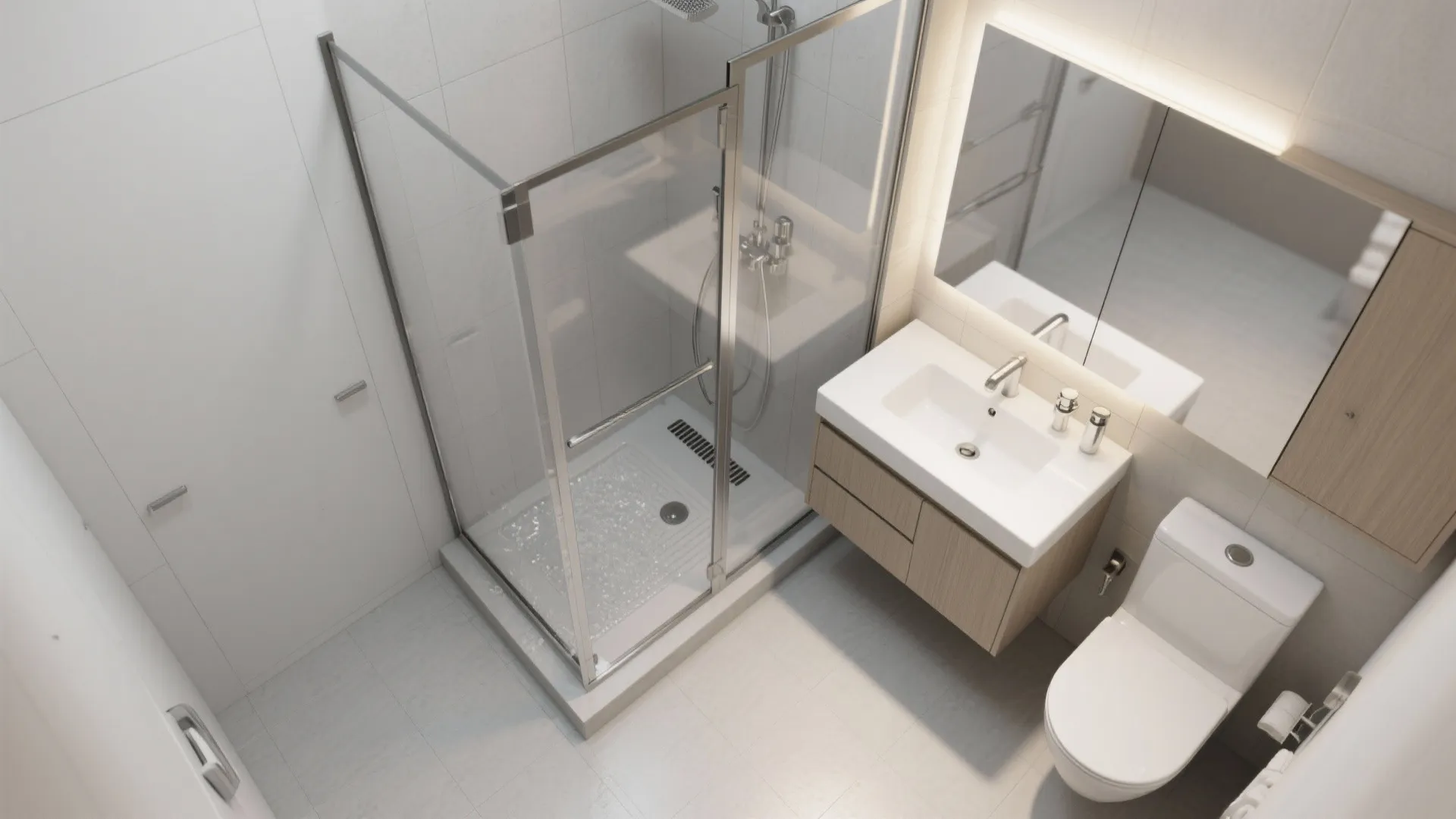 Modern small bathroom layout with glass shower box white toilet wooden sink cabinet and lighted mirror
