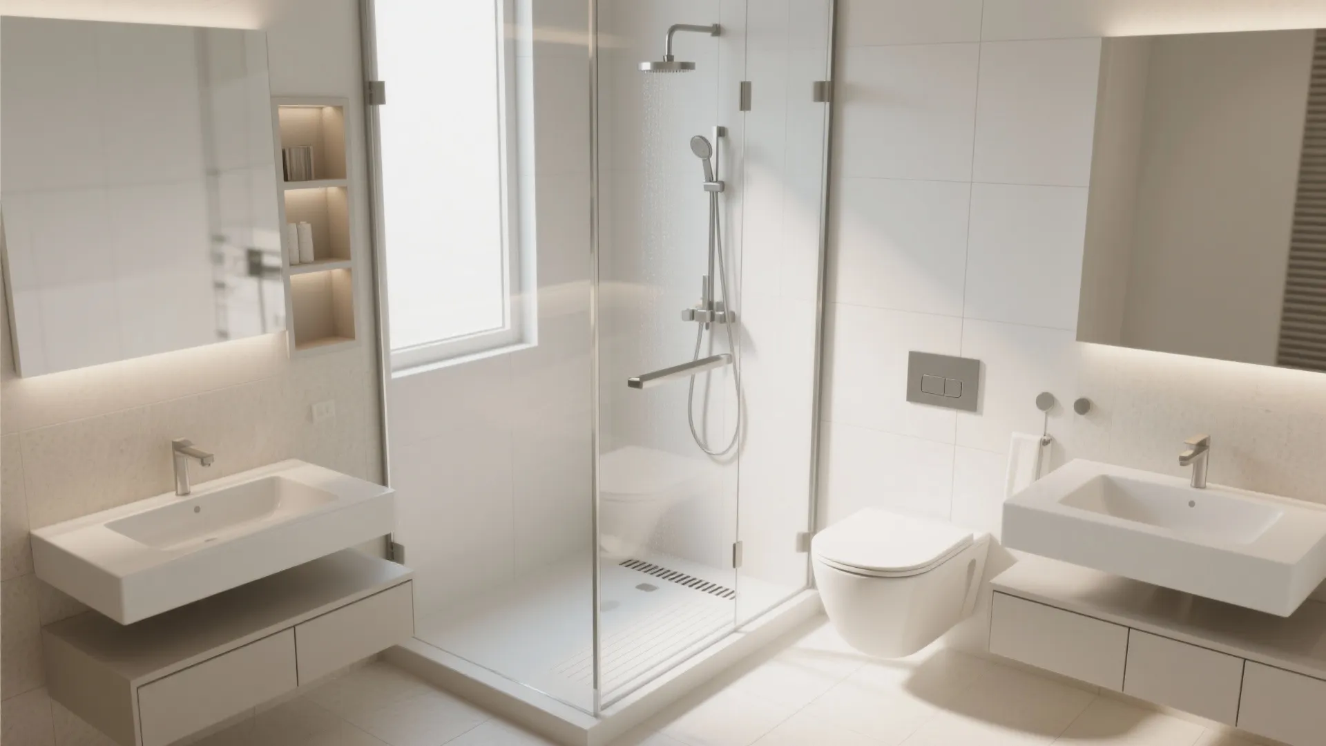 Wet-dry bathroom split with clear glass and wall-hung fixtures