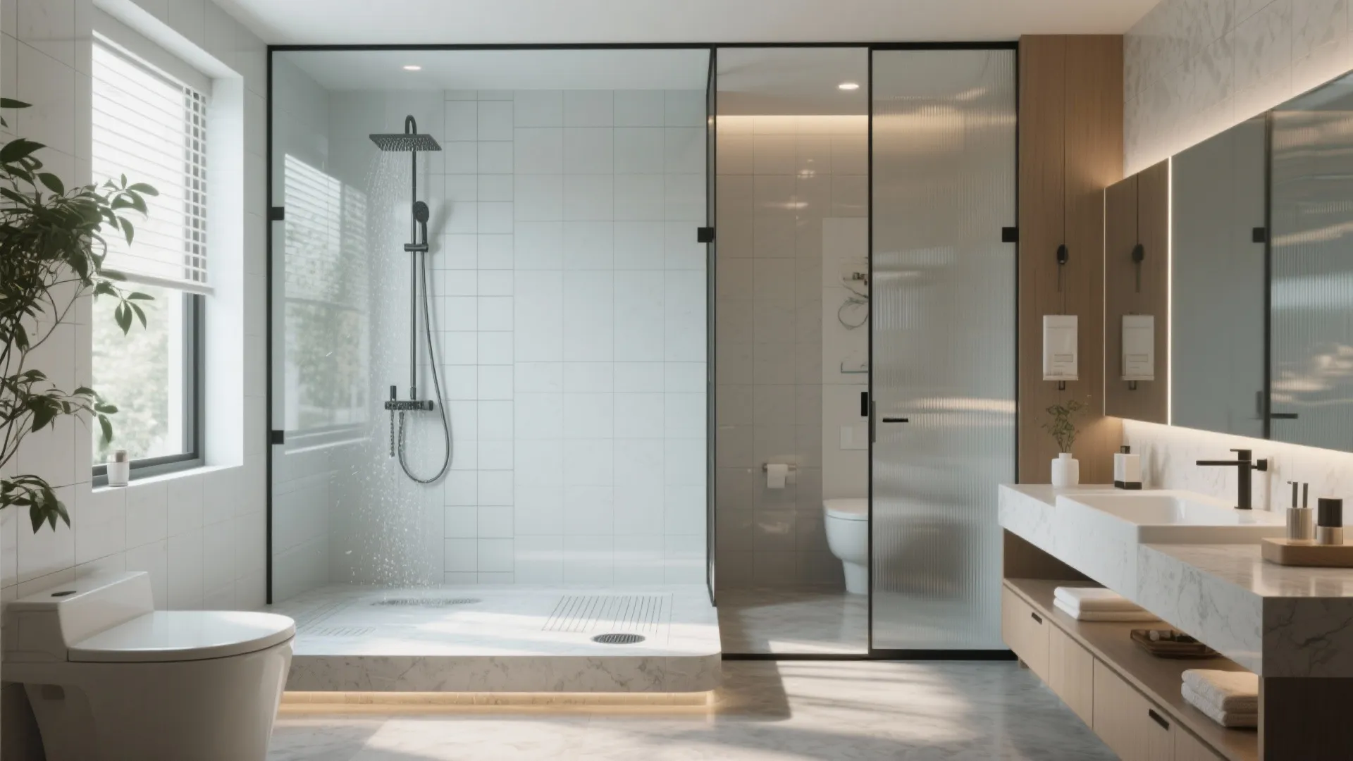 Large bathroom with glass shower screen, white toilet, wooden cabinet, marble tiles, and natural light