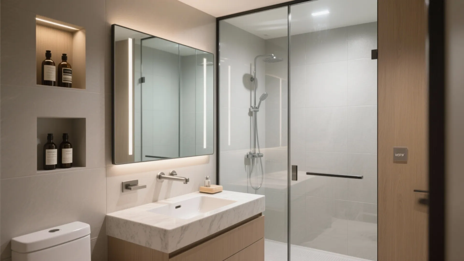 Wet-dry separated bathrooms with storage niches