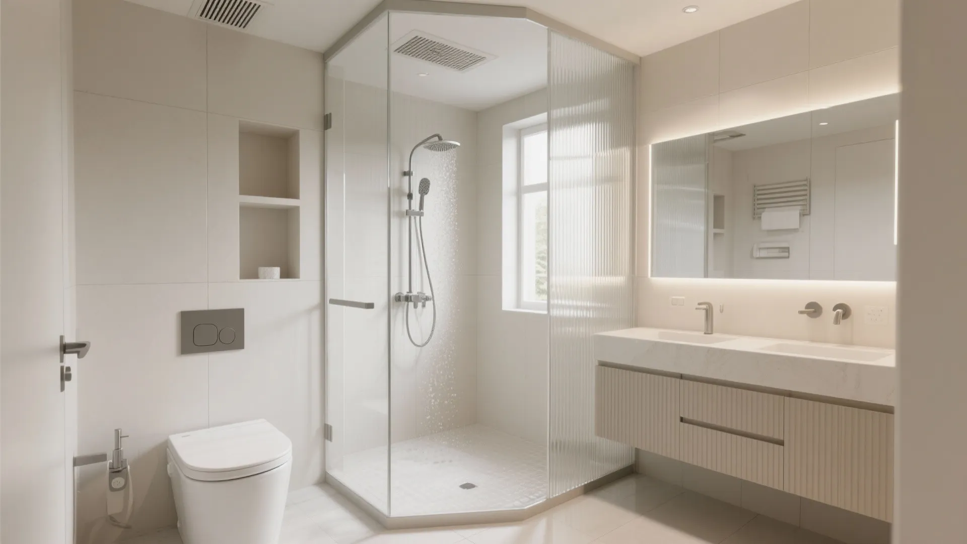 Wet-dry split bathroom and light-first partitions