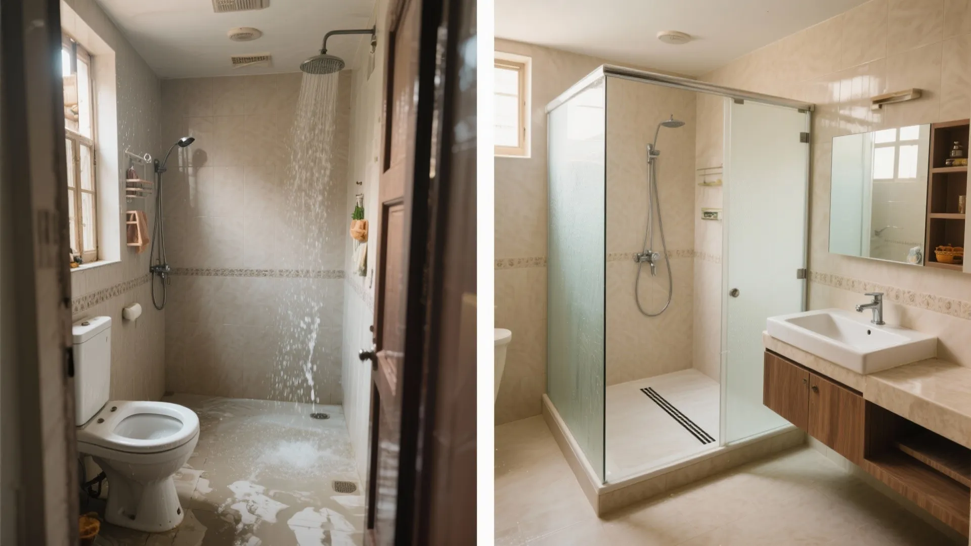 Before-and-after comparison of a messy open shower versus a clean modern glass shower enclosure design