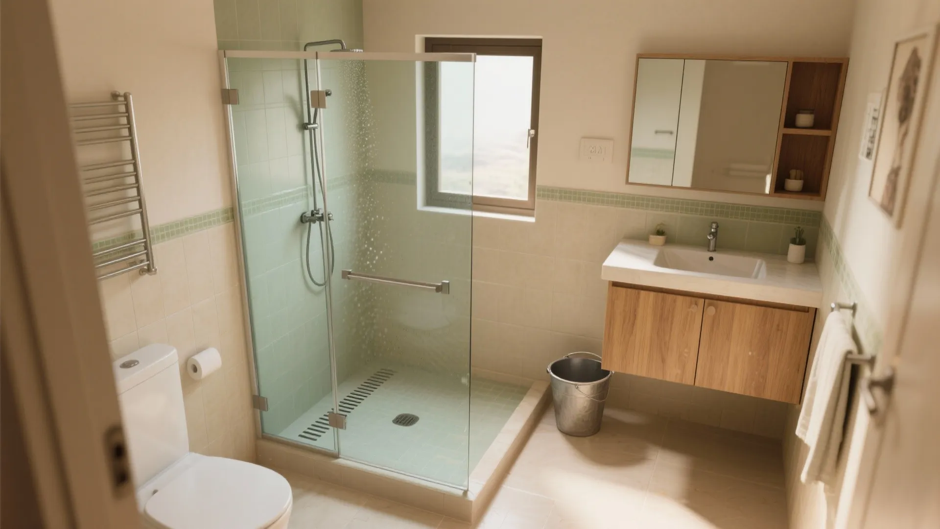 Modern bathroom with glass shower door wooden vanity white toilet small window and light green tiles