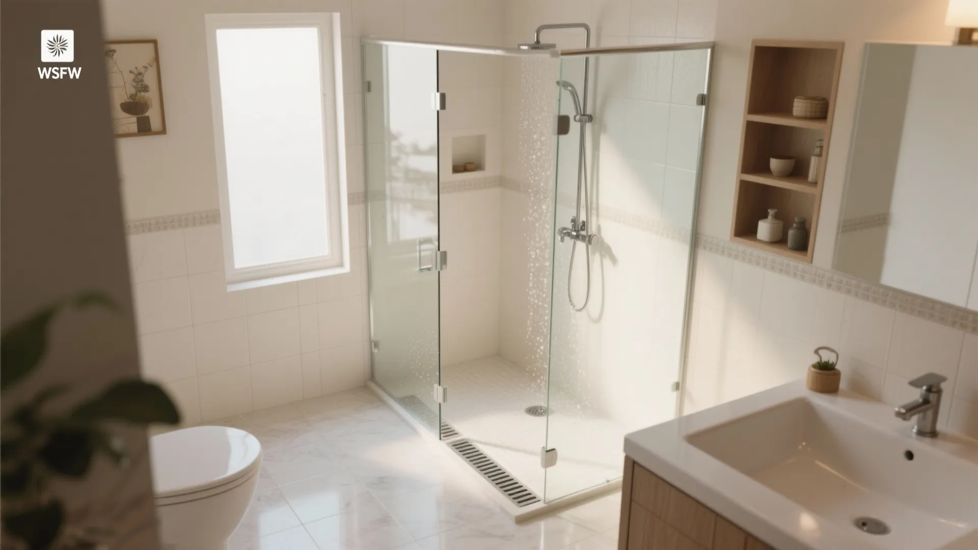 Modern bathroom interior with glass shower cabin white toilet wooden vanity sink and a window