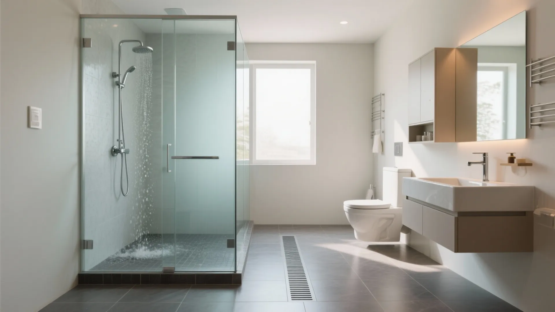 Modern bathroom with glass shower door white toilet floating sink large mirror and grey floor tiles