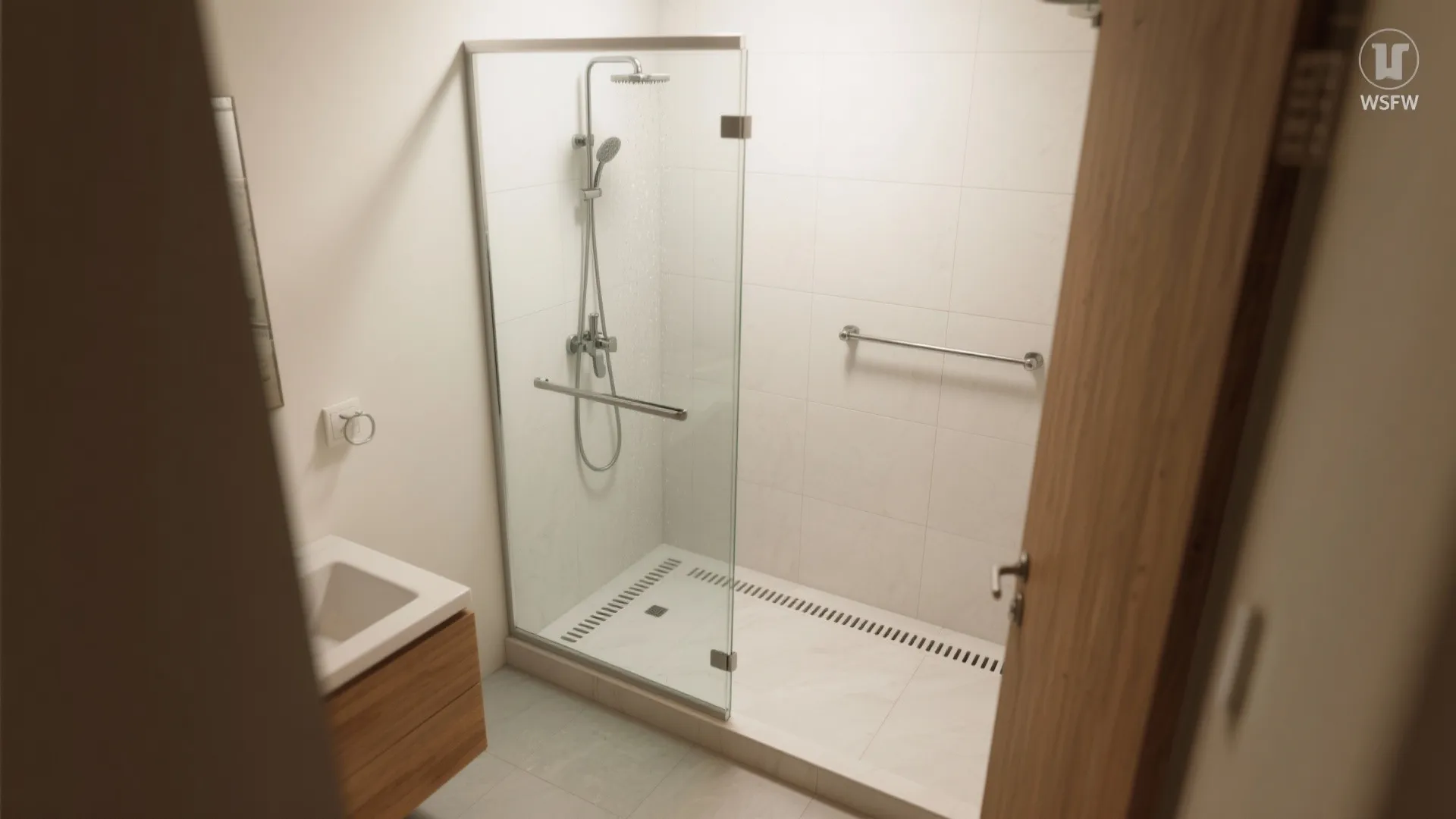 Glass shower door in a white tiled bathroom next to a wooden sink and cabinet