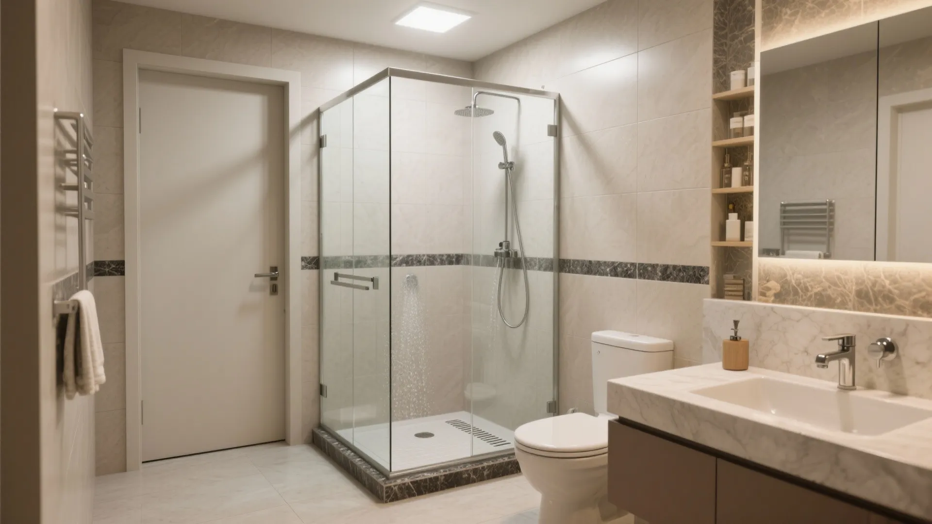 Modern bathroom featuring glass shower box white toilet vanity sink and large mirror with light
