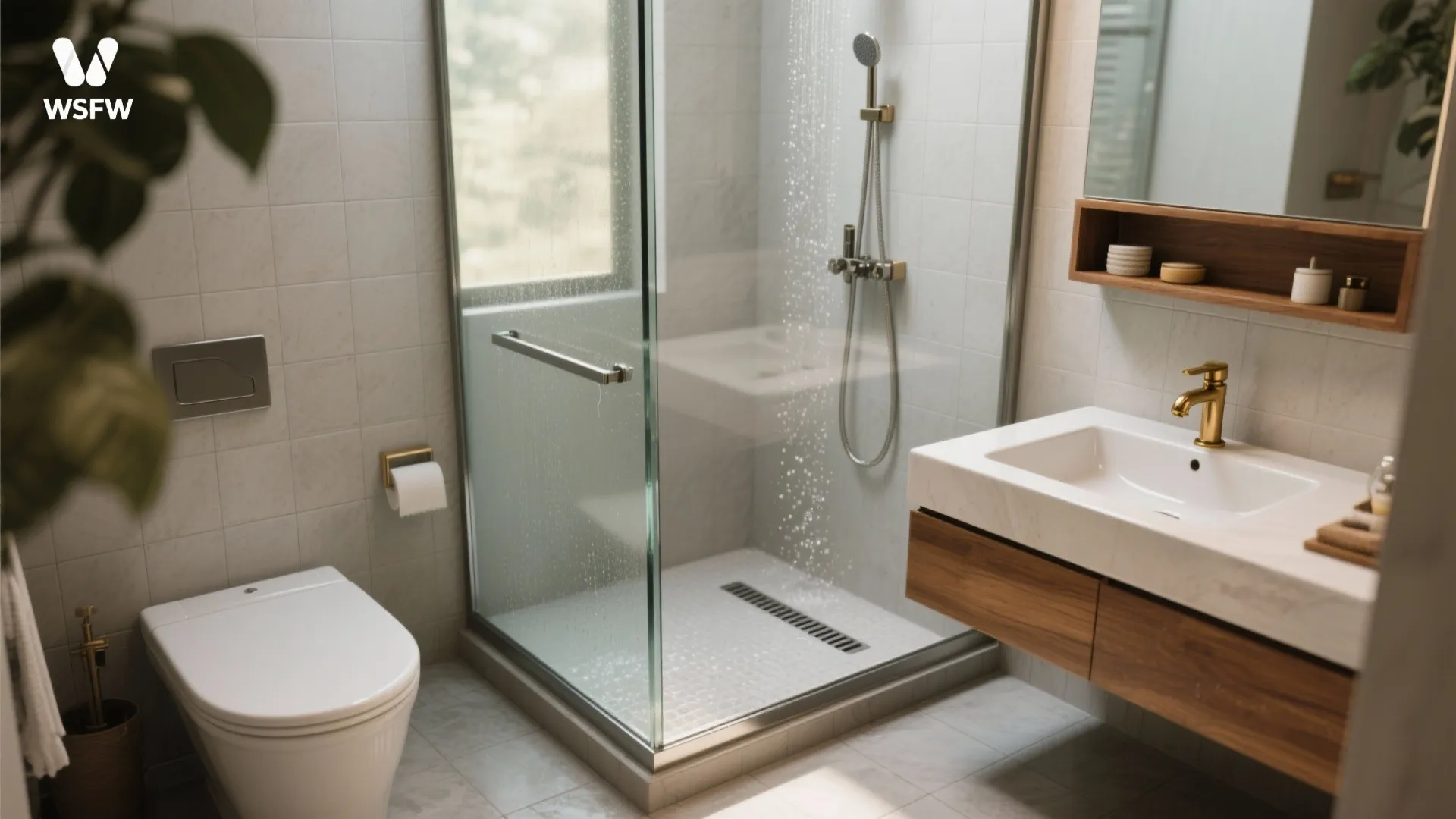 Bright bathroom featuring glass shower enclosure white toilet wood cabinet gold faucet and grey floor tiles
