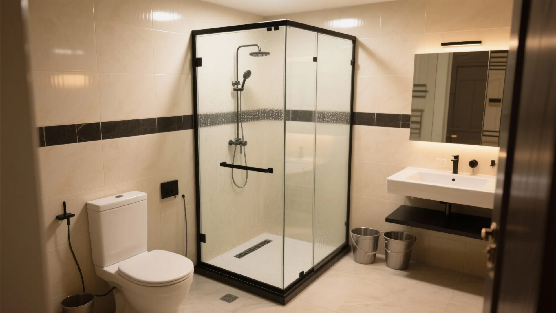 Modern bathroom interior featuring glass shower box white toilet sink and mirror with warm light