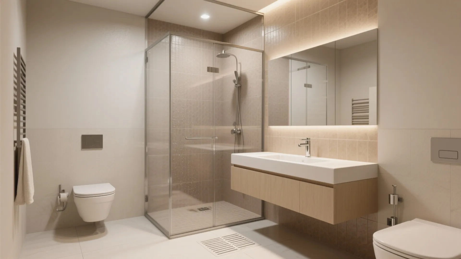 Zoning with wet-dry glass and two-tone tiles