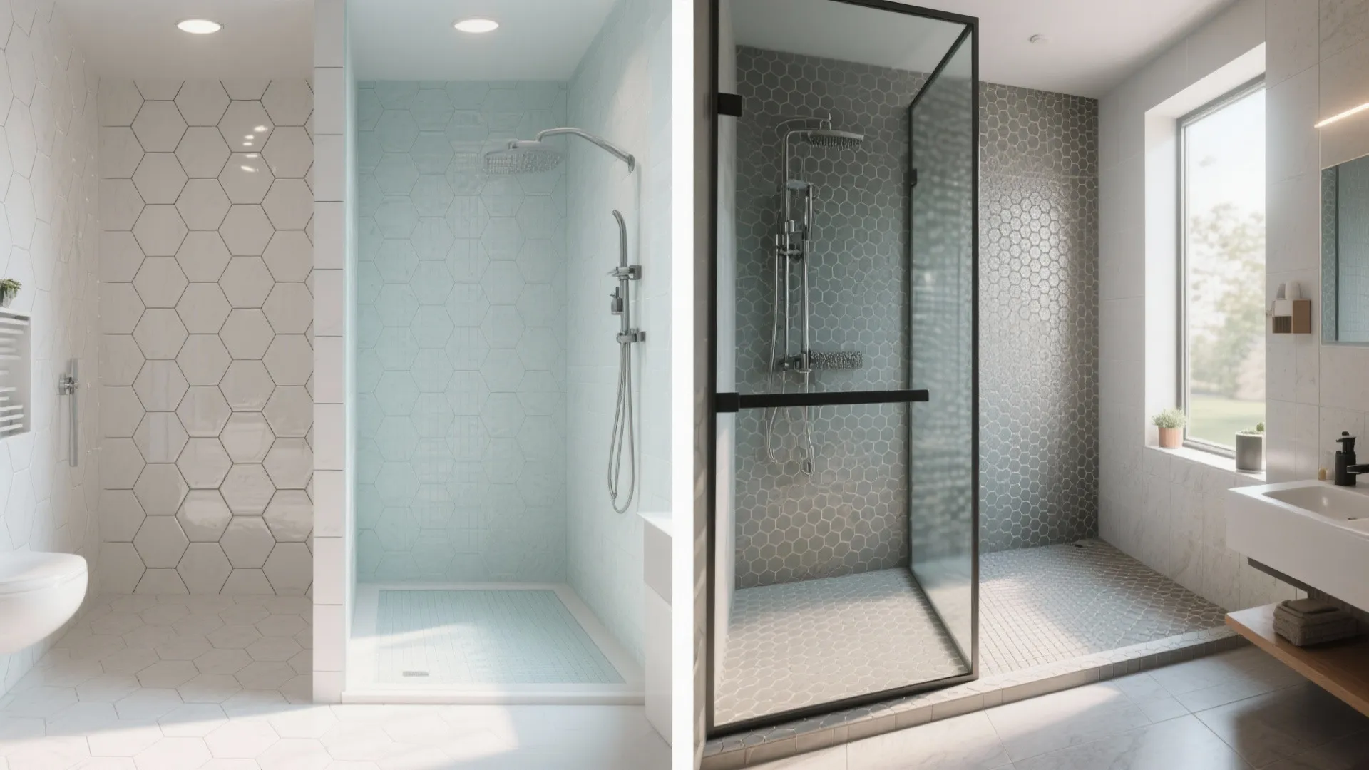 Side by side comparison of light blue and grey bathroom shower designs with hexagon tiles