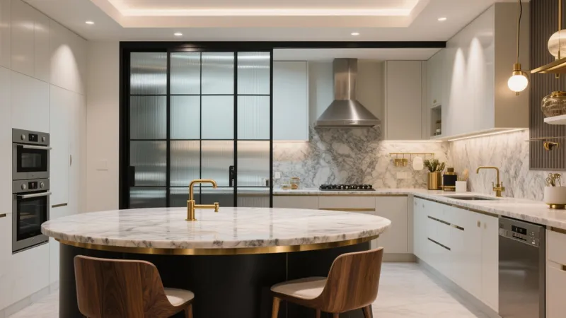 Luxury Modern Kitchen with Marble Island and Gold Accent